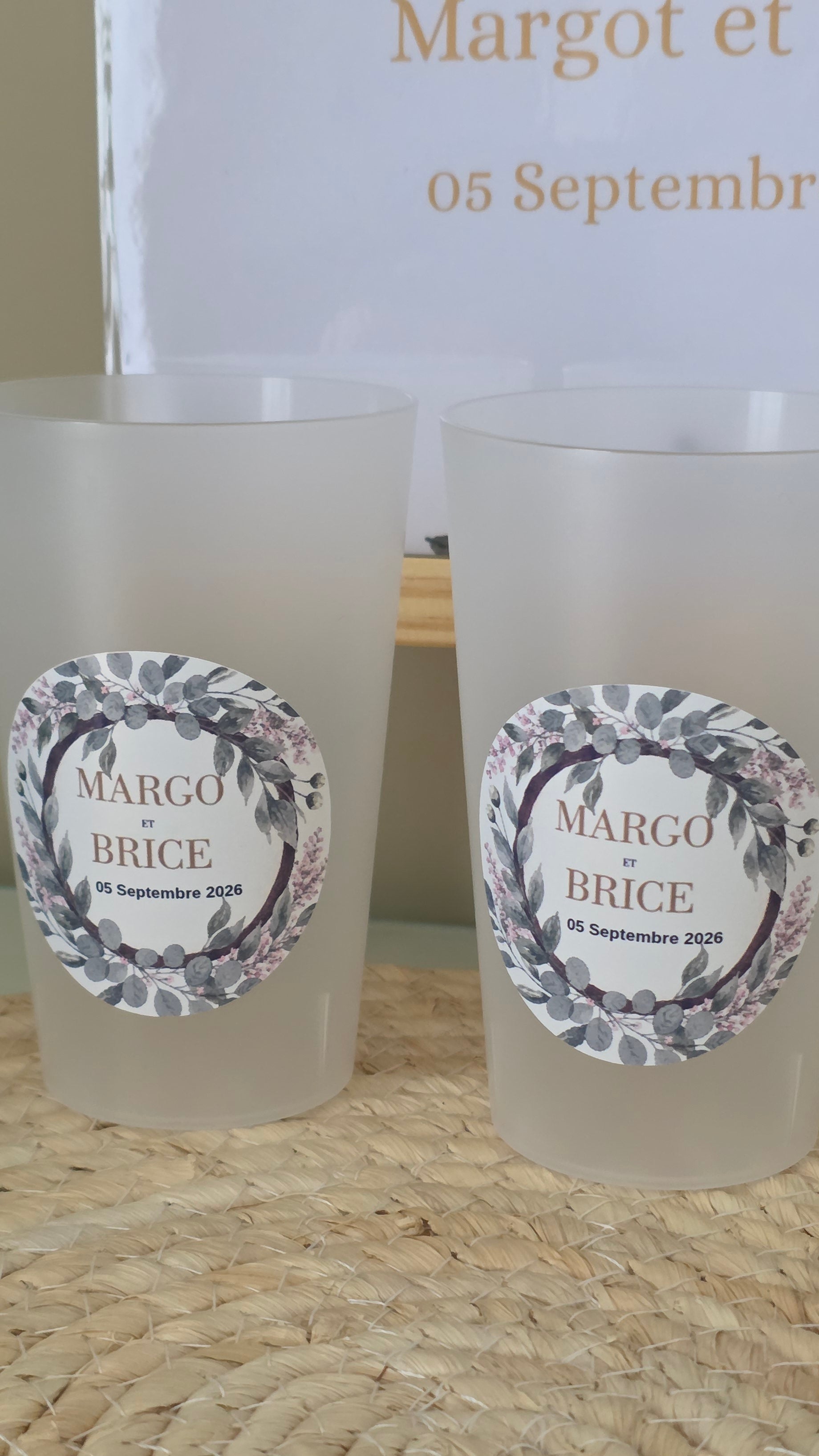 Gobelet mariage personnalisé eucalyptus – Gobelet réutilisable avec prénoms et date