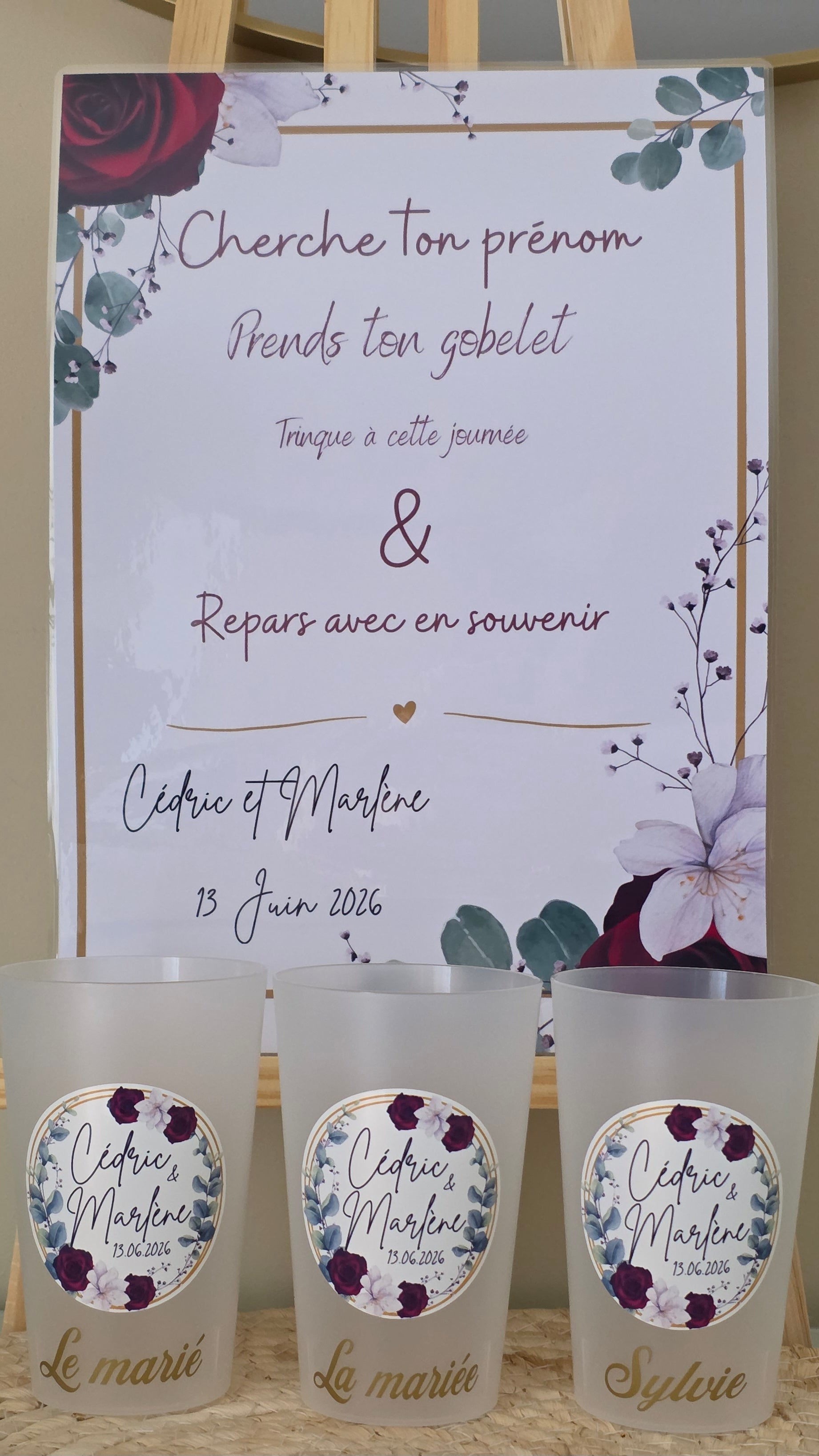 Gobelet mariage personnalisé roses bordeaux – Gobelet givré réutilisable avec prénoms et date