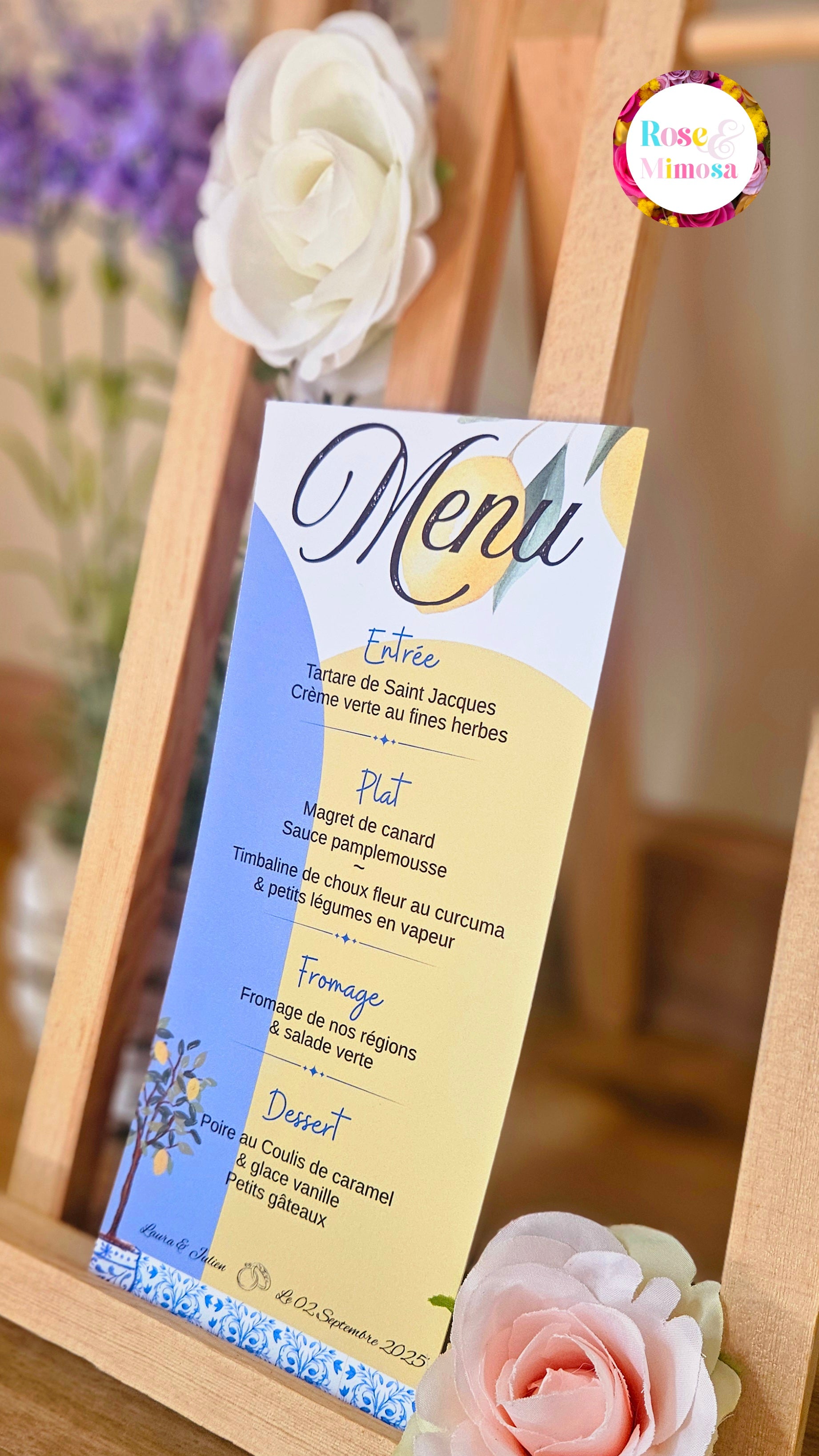 🍋 Menu de table personnalisé – Thème méditerranéen citron & azulejos | 21 x 10 cm