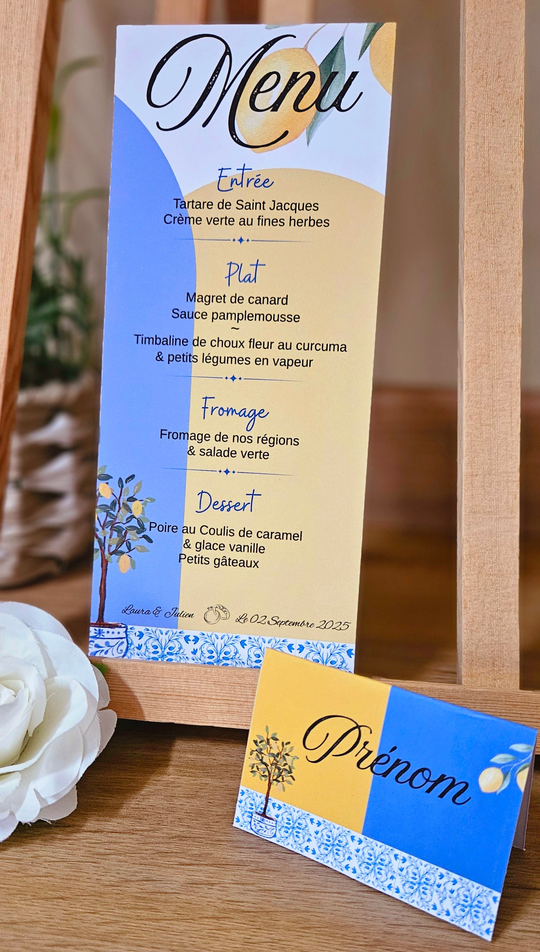 🍋 Menu de table personnalisé – Thème méditerranéen citron & azulejos | 21 x 10 cm