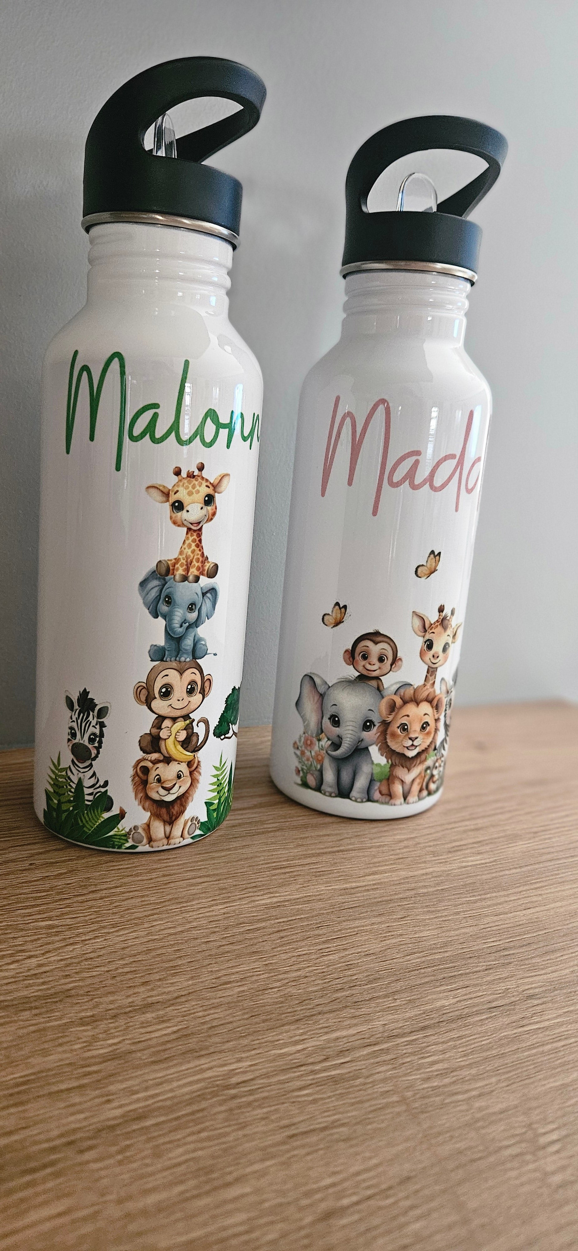 Gourde personnalisée animaux safari enfant – Gourde prénom inox 600 ml 🦁🦒