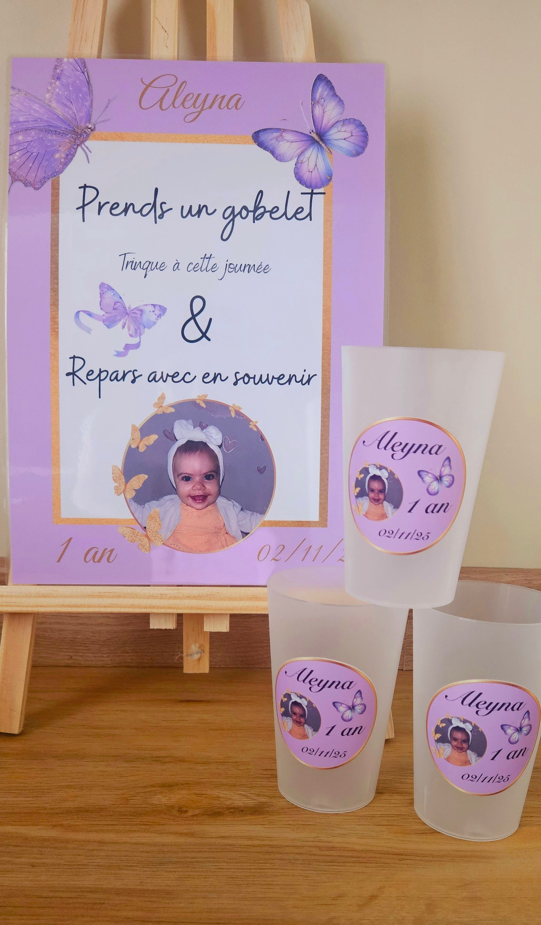 Gobelet anniversaire – Photo, papillons & violet pastel 🦋