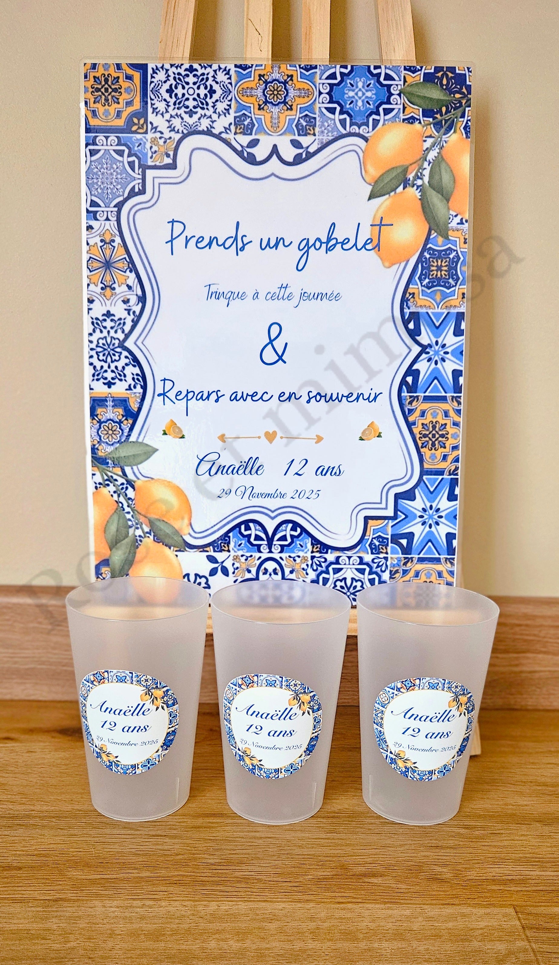 Gobelet Baptême Personnalisé – Citronniers & Carreaux d’Azur (25 cl)