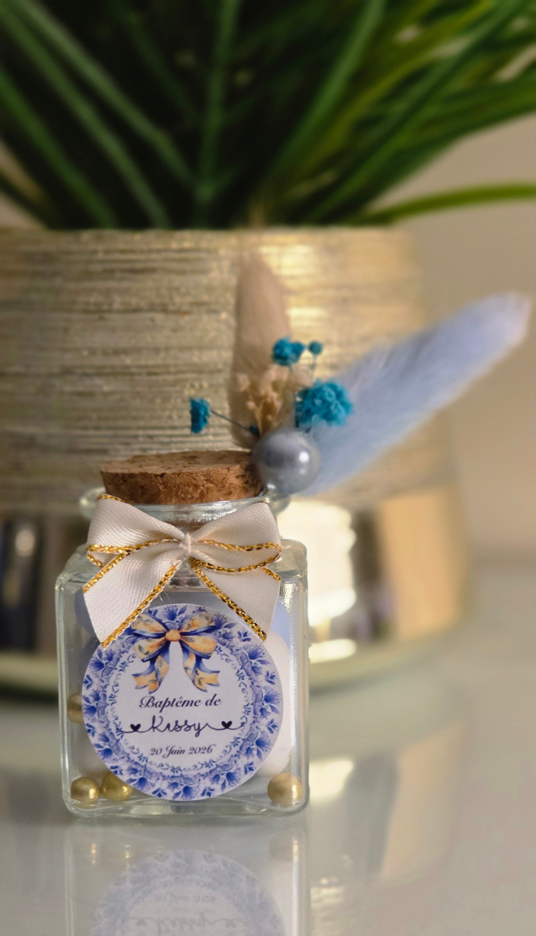 🌸 Petit contenant à dragées – Bouquet bleu et blanc
