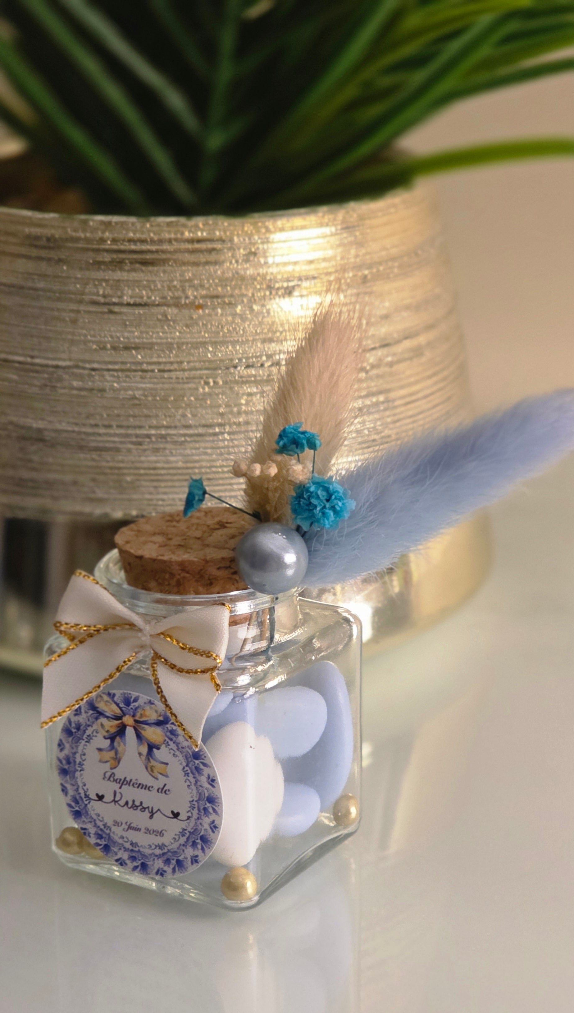 🌸 Petit contenant à dragées – Bouquet bleu et blanc