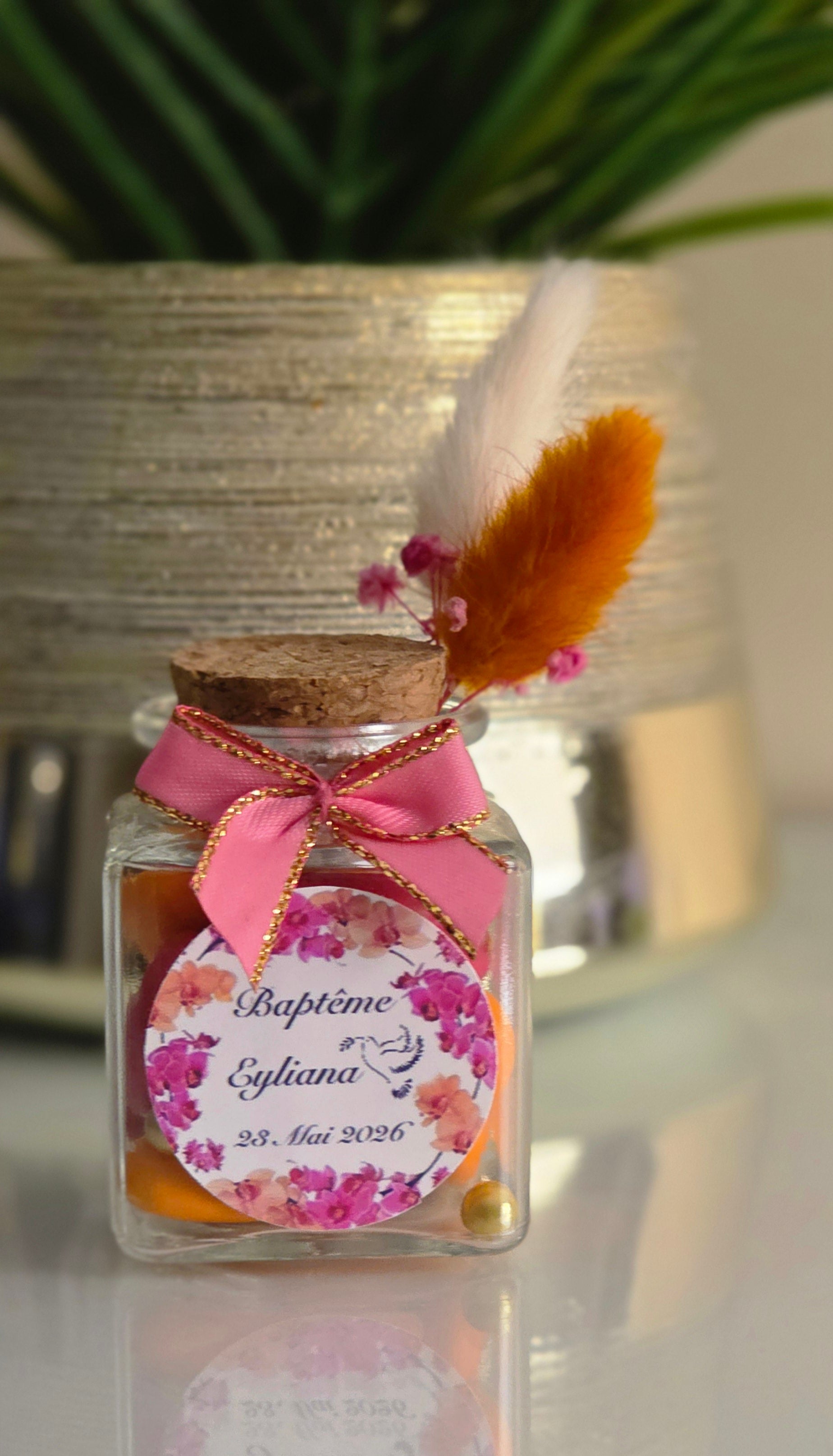 🌸 Petit contenant à dragées – Bouquet rose et orange