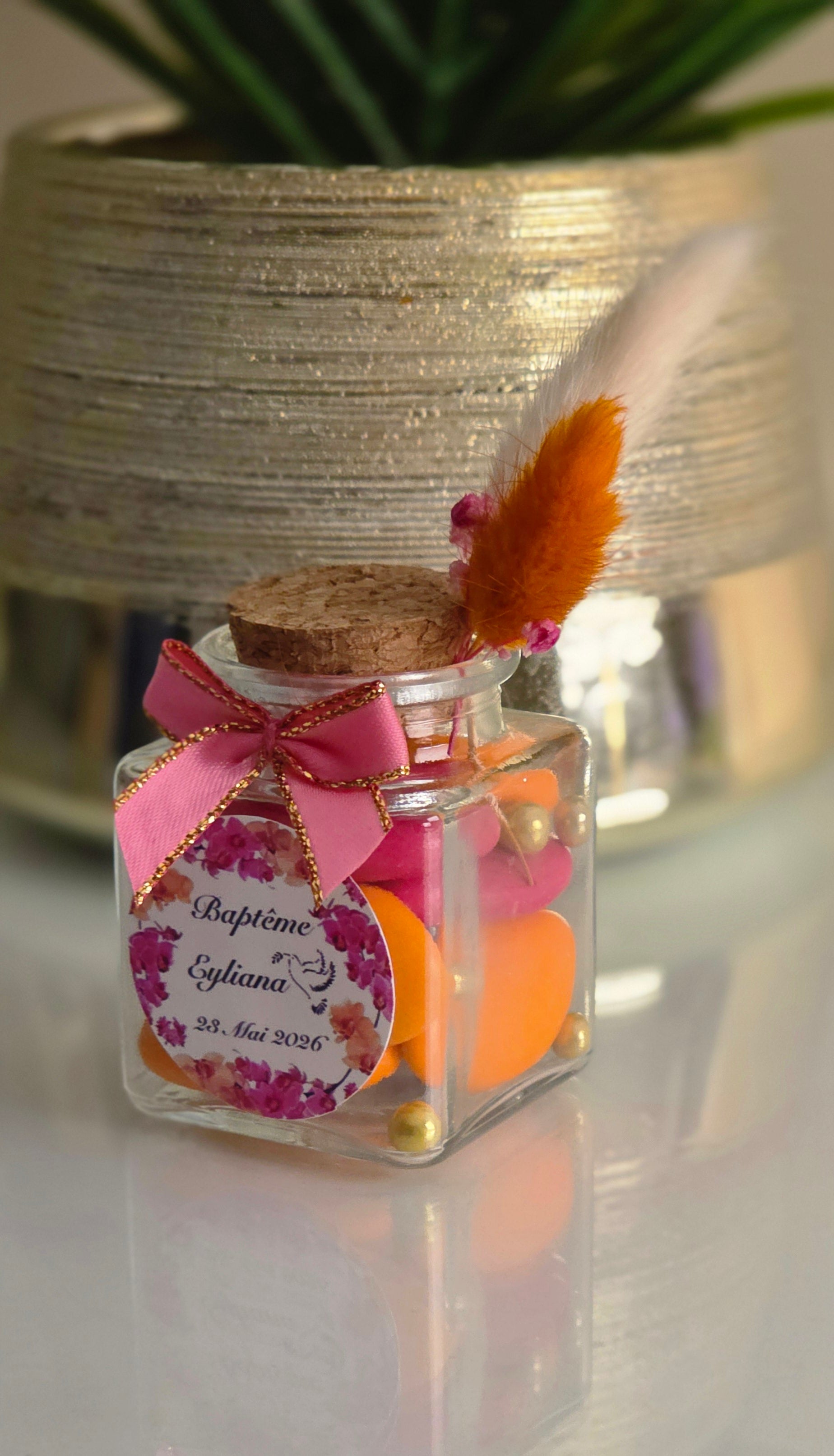 🌸 Petit contenant à dragées – Bouquet rose et orange