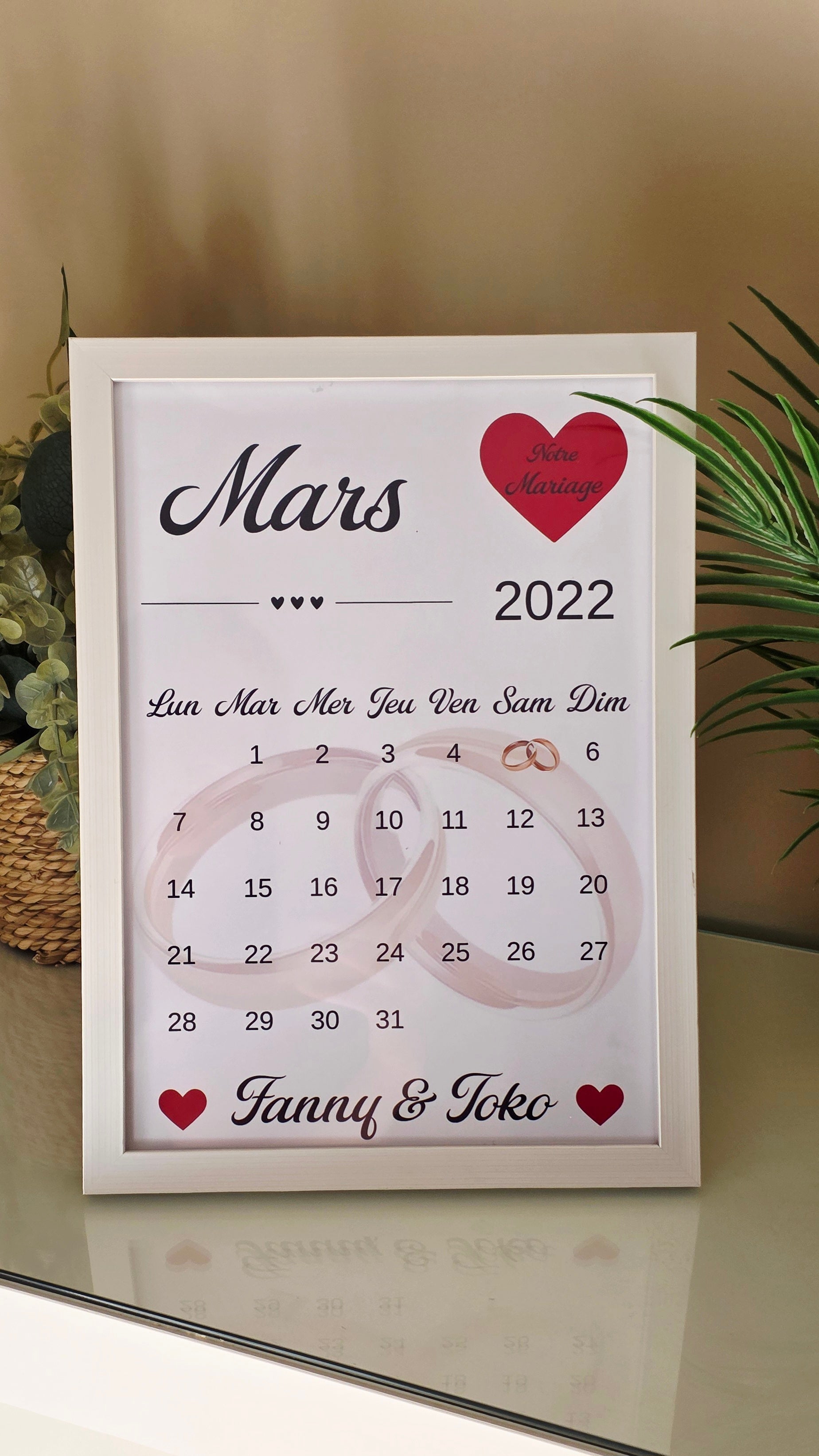 💍 Cadre calendrier personnalisé – Mariage (alliances)