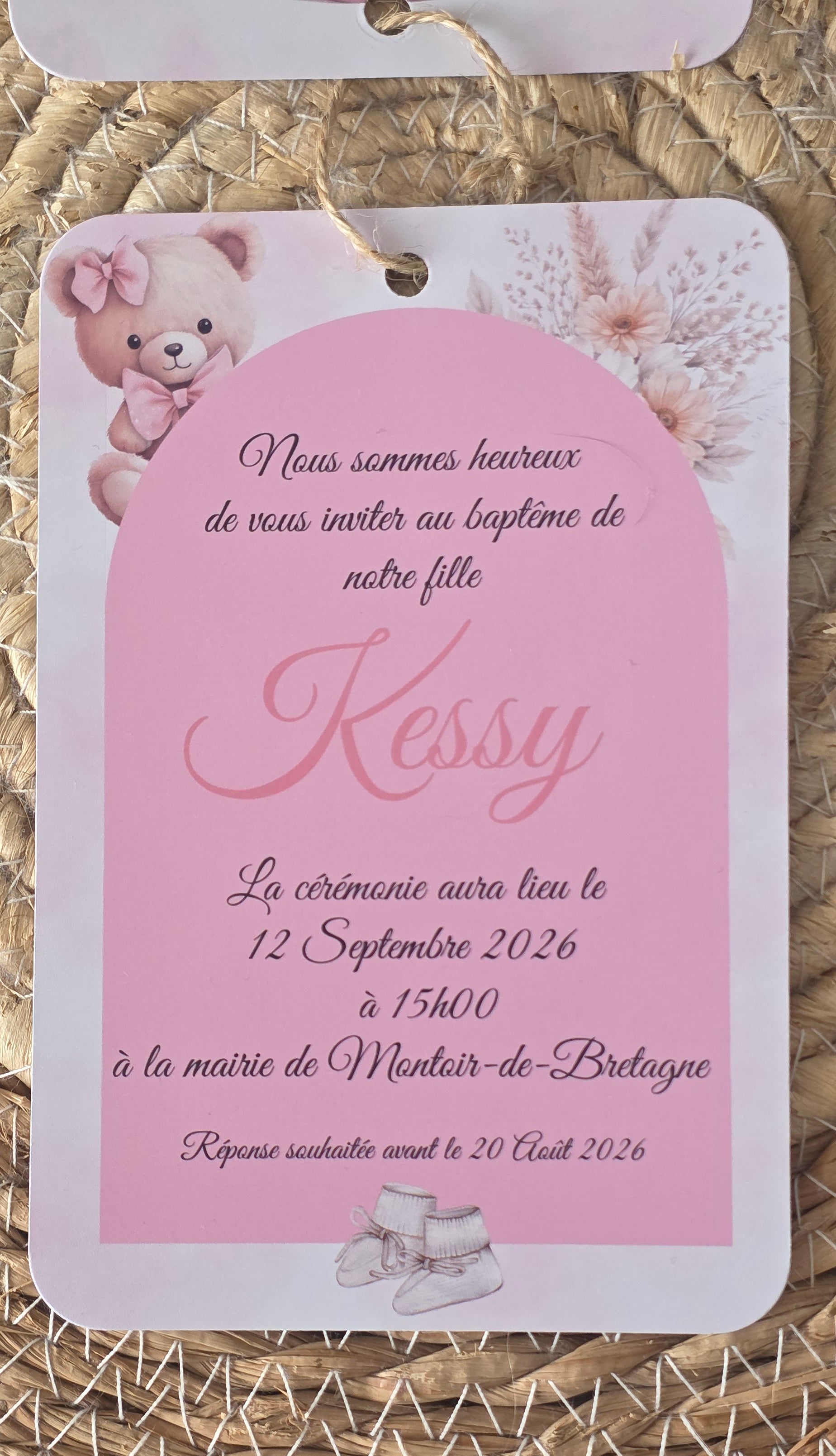 🧸 Faire-part Baptême Ourson Montgolfière – Rose Poudré – 10x15 cm – Personnalisable