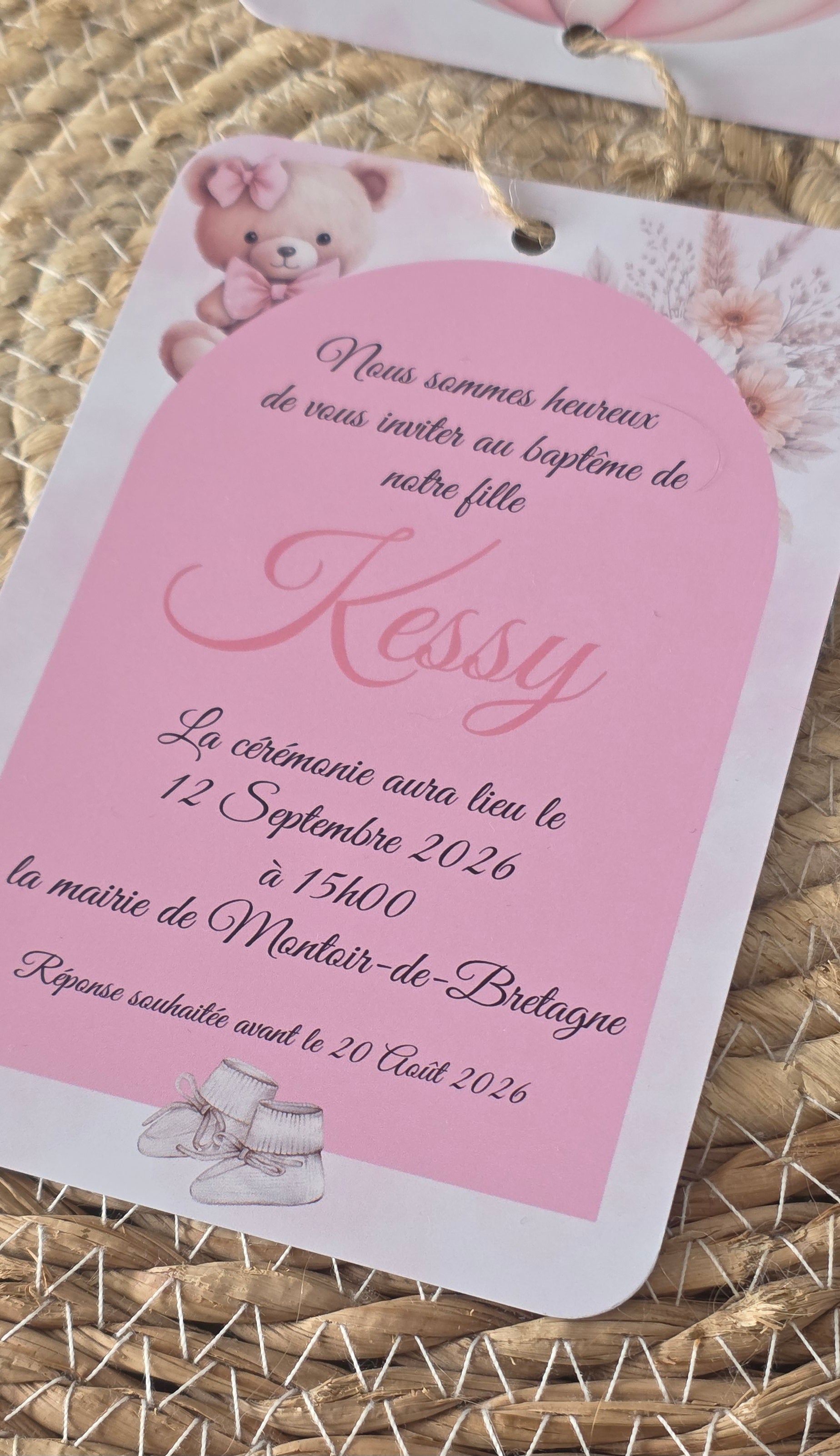 🧸 Faire-part Baptême Ourson Montgolfière – Rose Poudré – 10x15 cm – Personnalisable