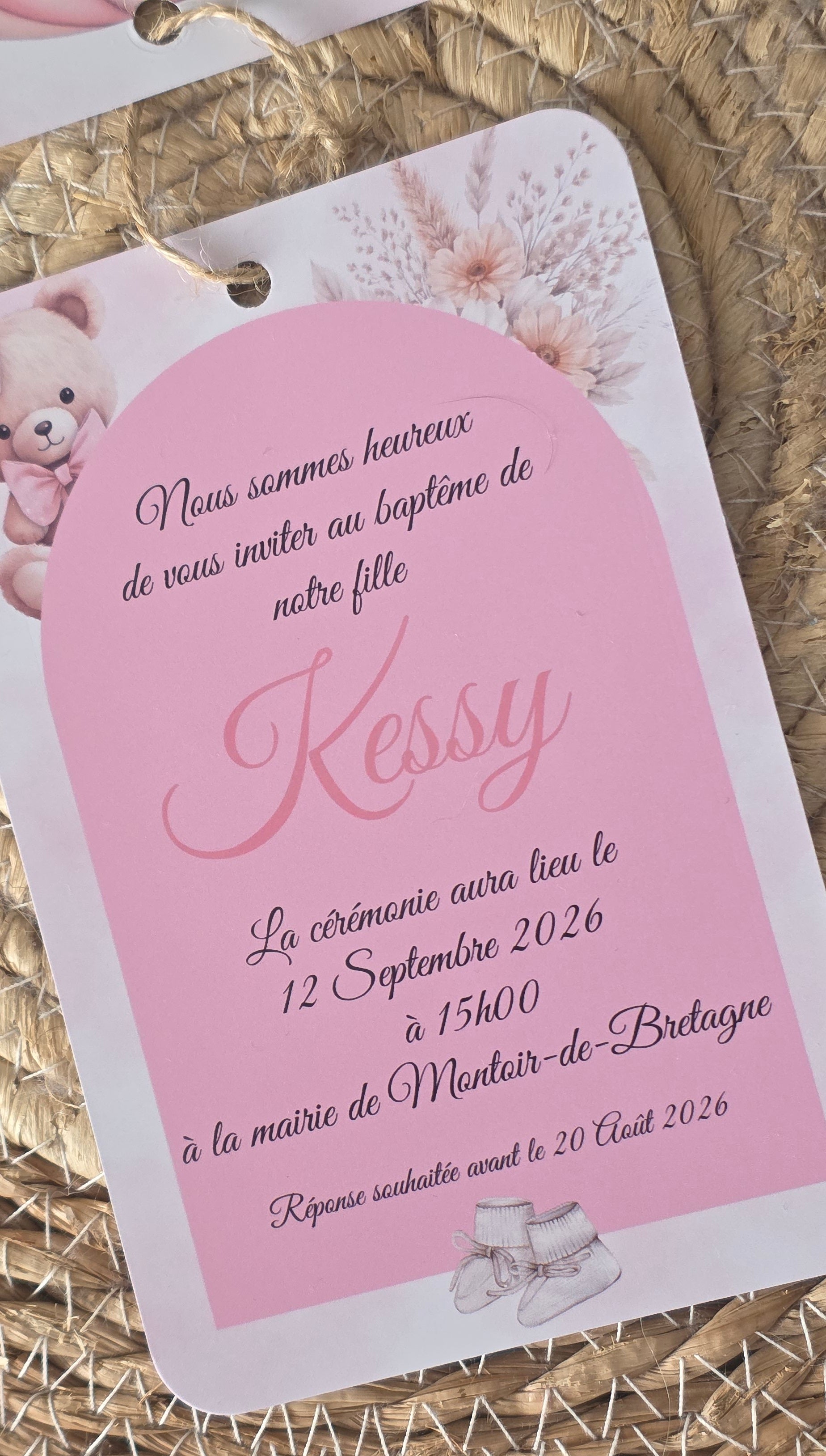 🧸 Faire-part Baptême Ourson Montgolfière – Rose Poudré – 10x15 cm – Personnalisable
