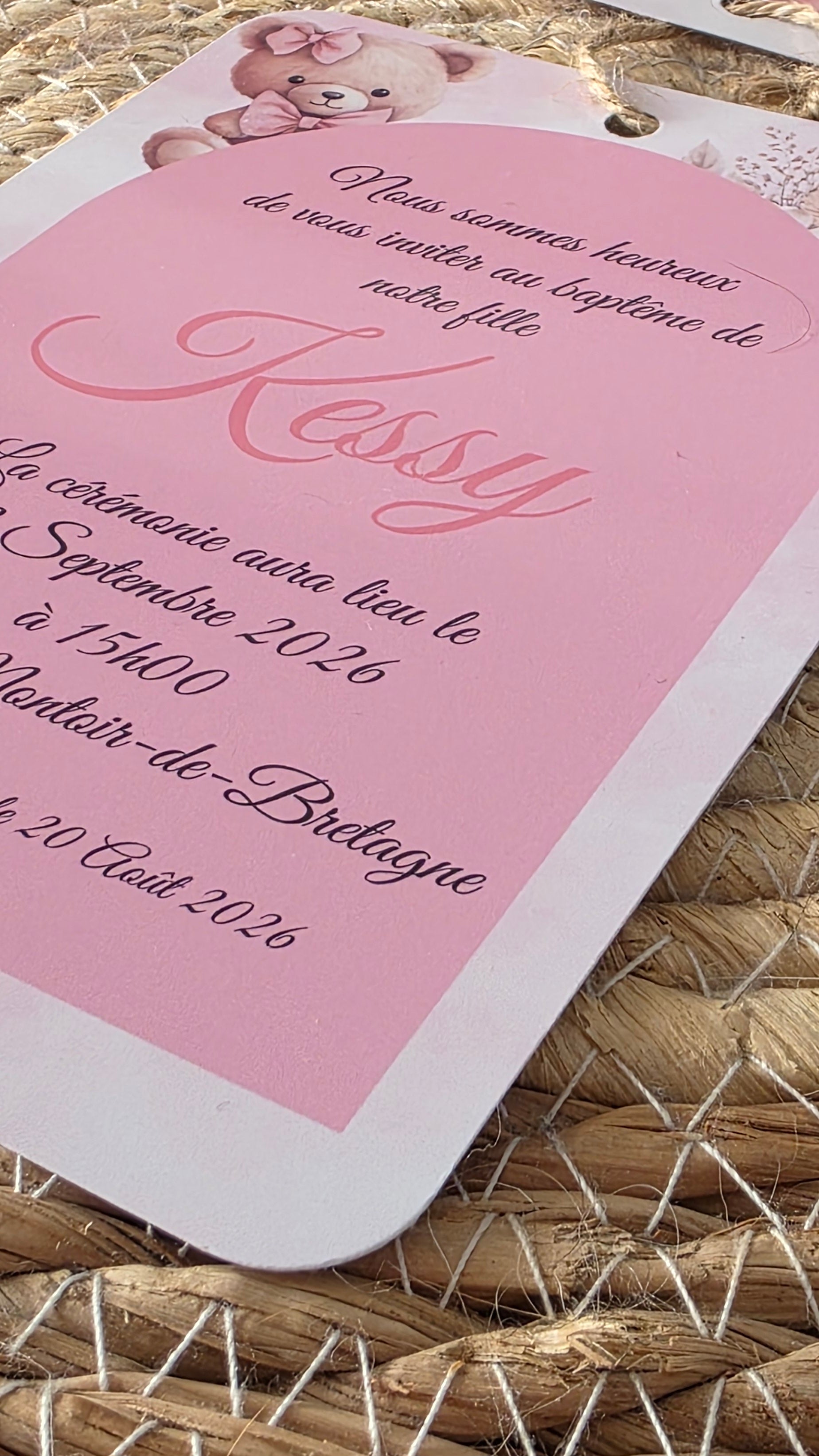 🧸 Faire-part Baptême Ourson Montgolfière – Rose Poudré – 10x15 cm – Personnalisable