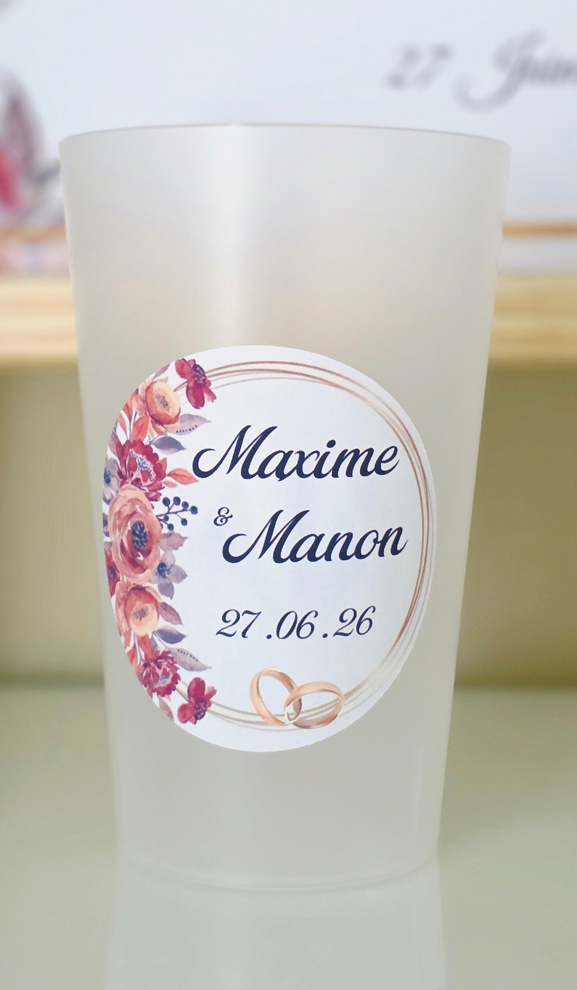 💍 Gobelet réutilisable personnalisé mariage – Couronne florale & alliances