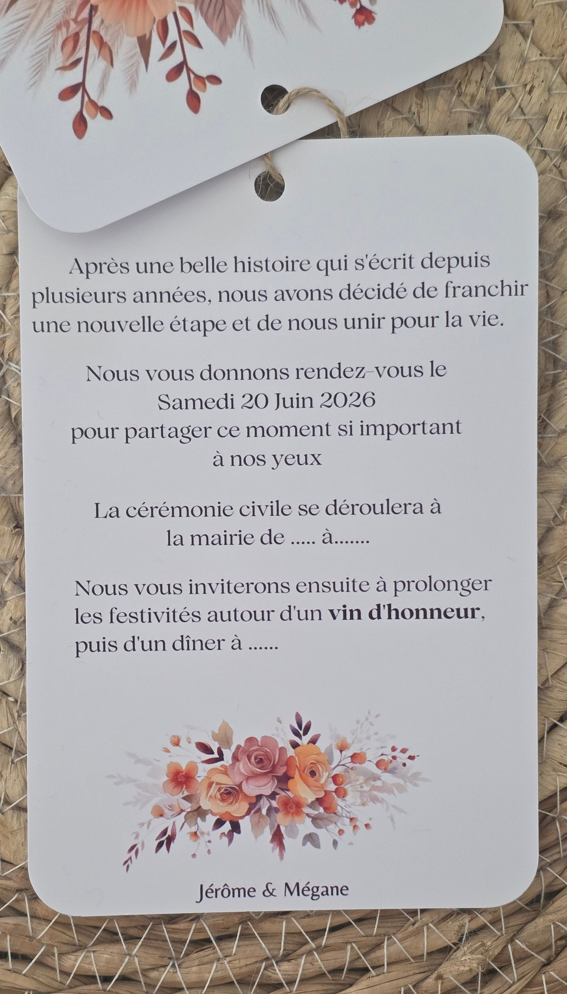 ✨ Faire-part de mariage floral terracotta – 2 pages reliées – Format 10 x 15 cm