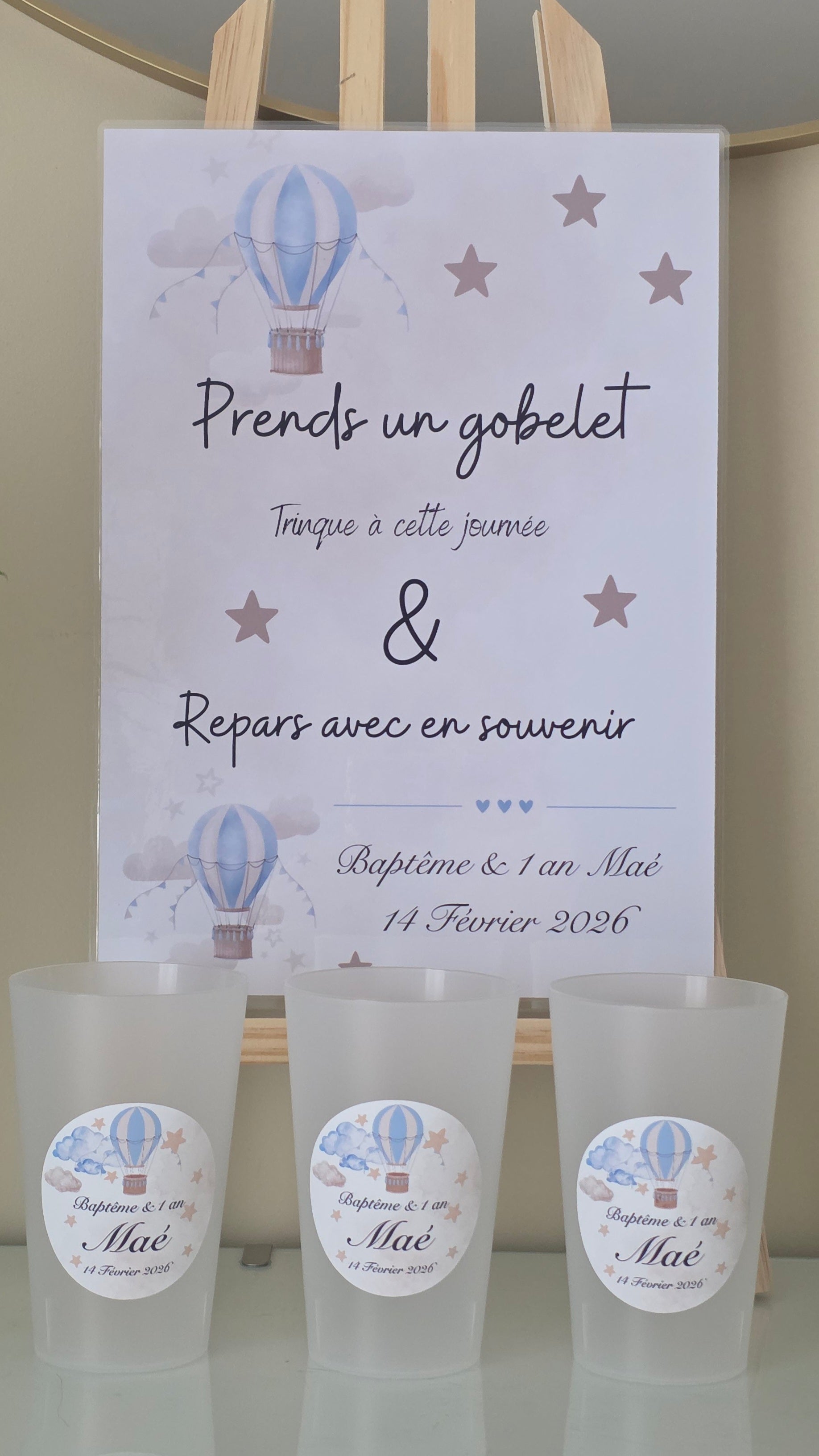 🎈 Gobelet réutilisable personnalisé baptême – Montgolfière, nuages & étoiles