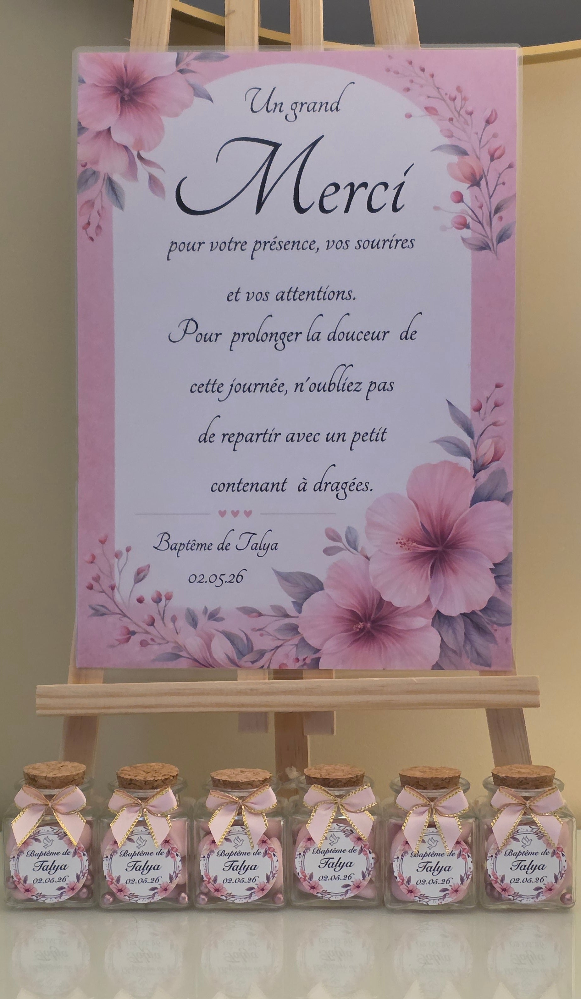Petit contenant à dragées – Thème floral rose poudré