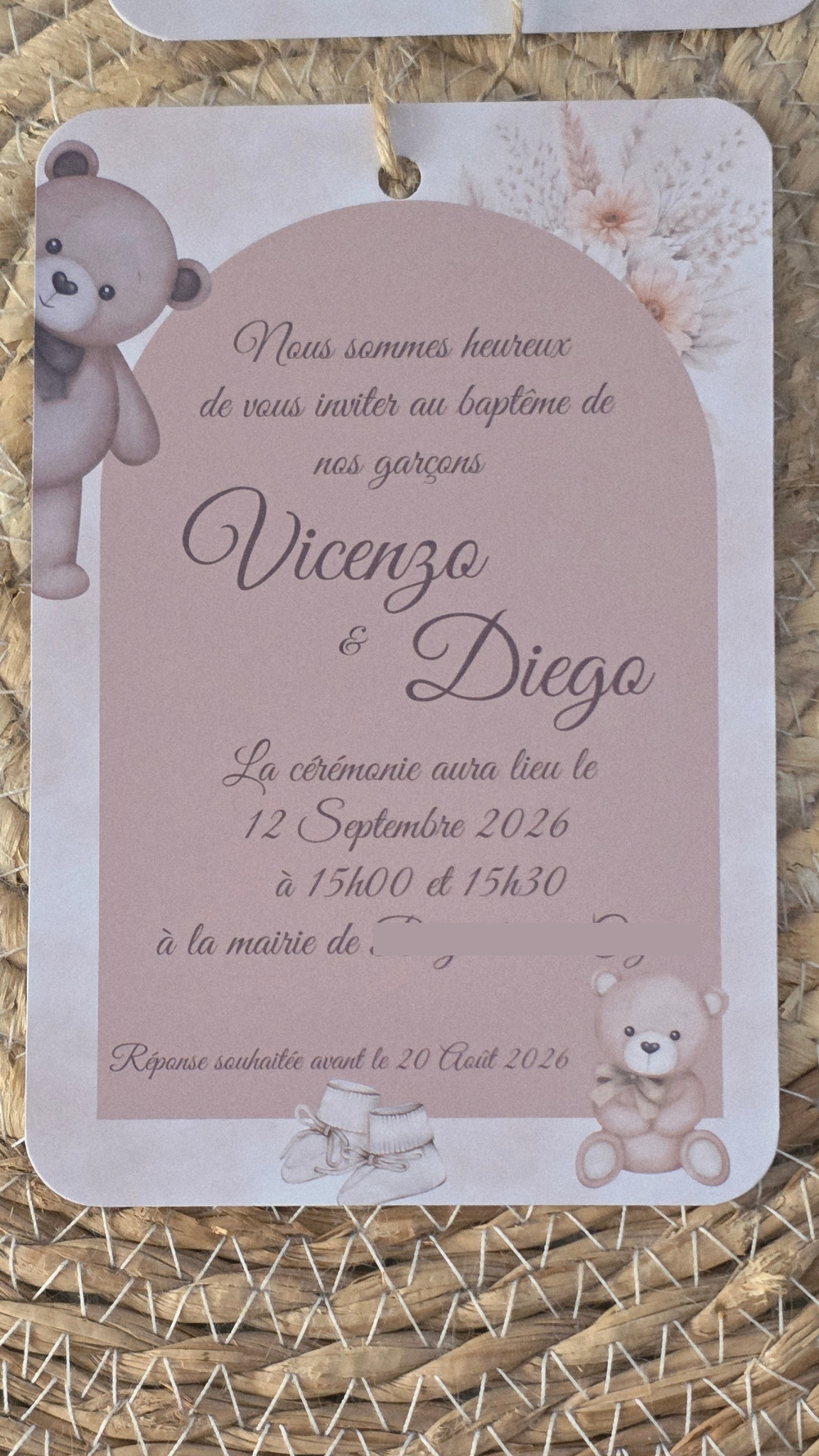 🧸 Faire-part Baptême Ourson Montgolfière – Beige / Nude – Garçon ou Jumeaux – 10x15 cm – Personnalisable