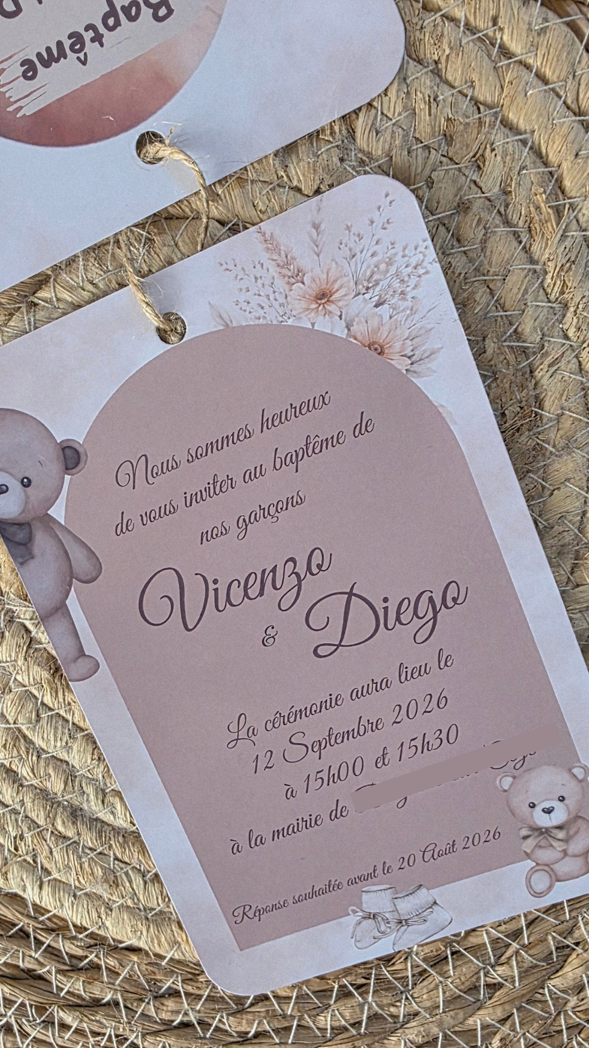 🧸 Faire-part Baptême Ourson Montgolfière – Beige / Nude – Garçon ou Jumeaux – 10x15 cm – Personnalisable