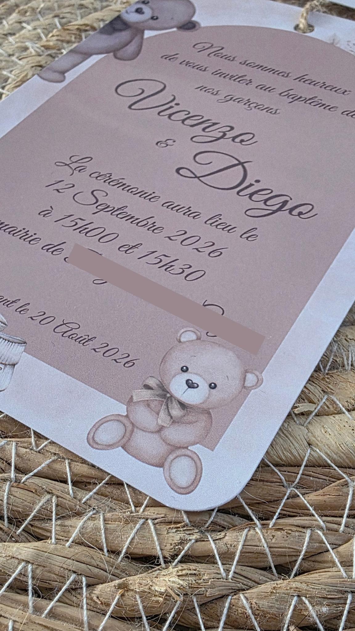 🧸 Faire-part Baptême Ourson Montgolfière – Beige / Nude – Garçon ou Jumeaux – 10x15 cm – Personnalisable
