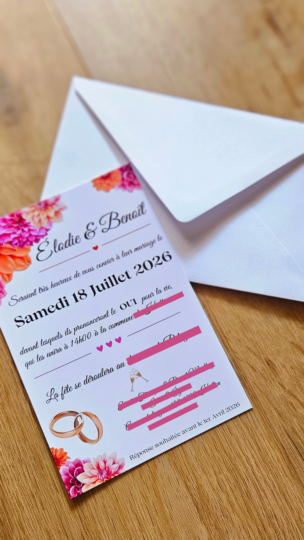 ✨ Faire-part de mariage 10x15 cm – Modèle Floral & Élégant 🌸💍