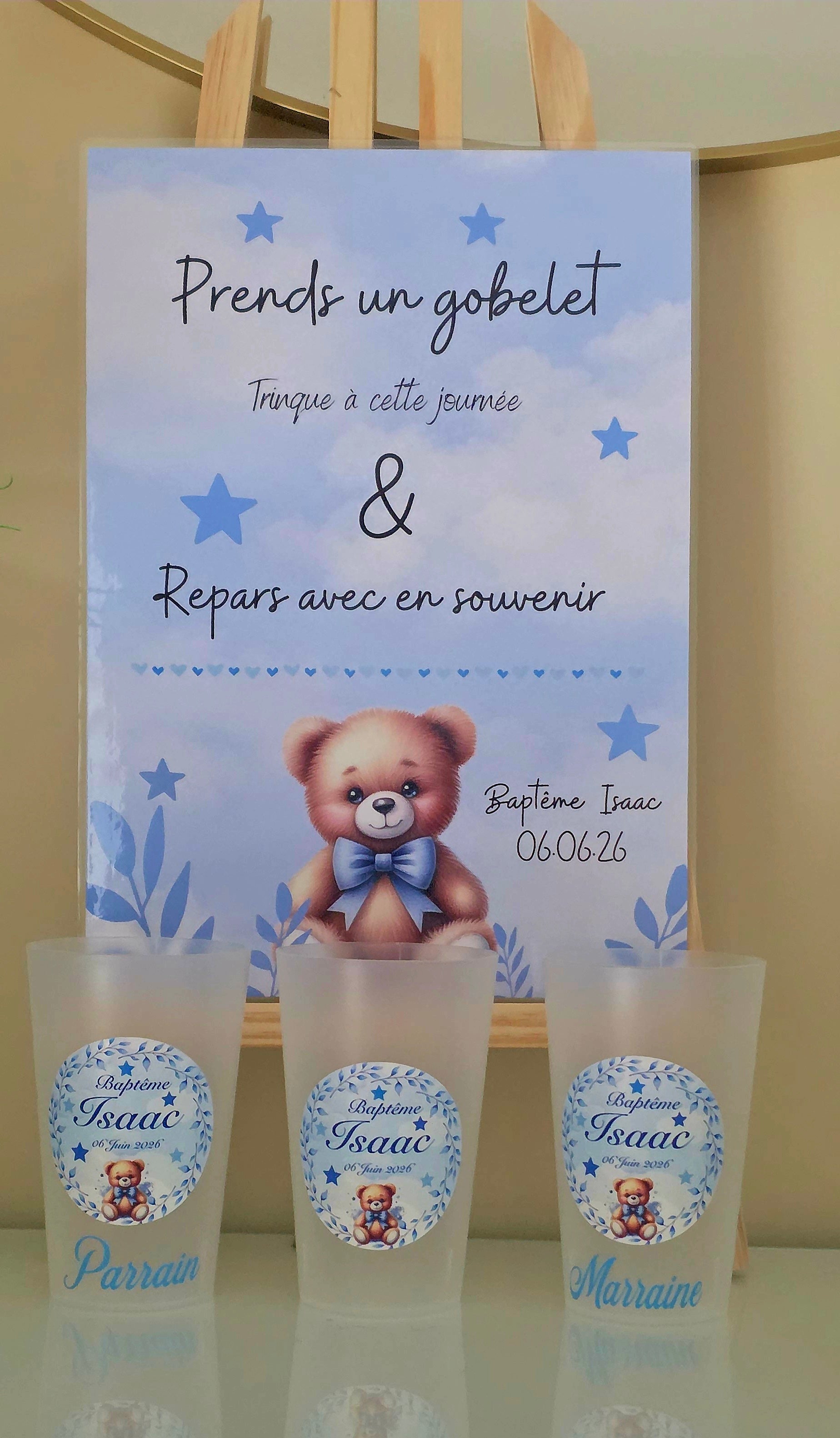 🧸 Gobelet réutilisable personnalisé baptême – Ourson bleu & parrain