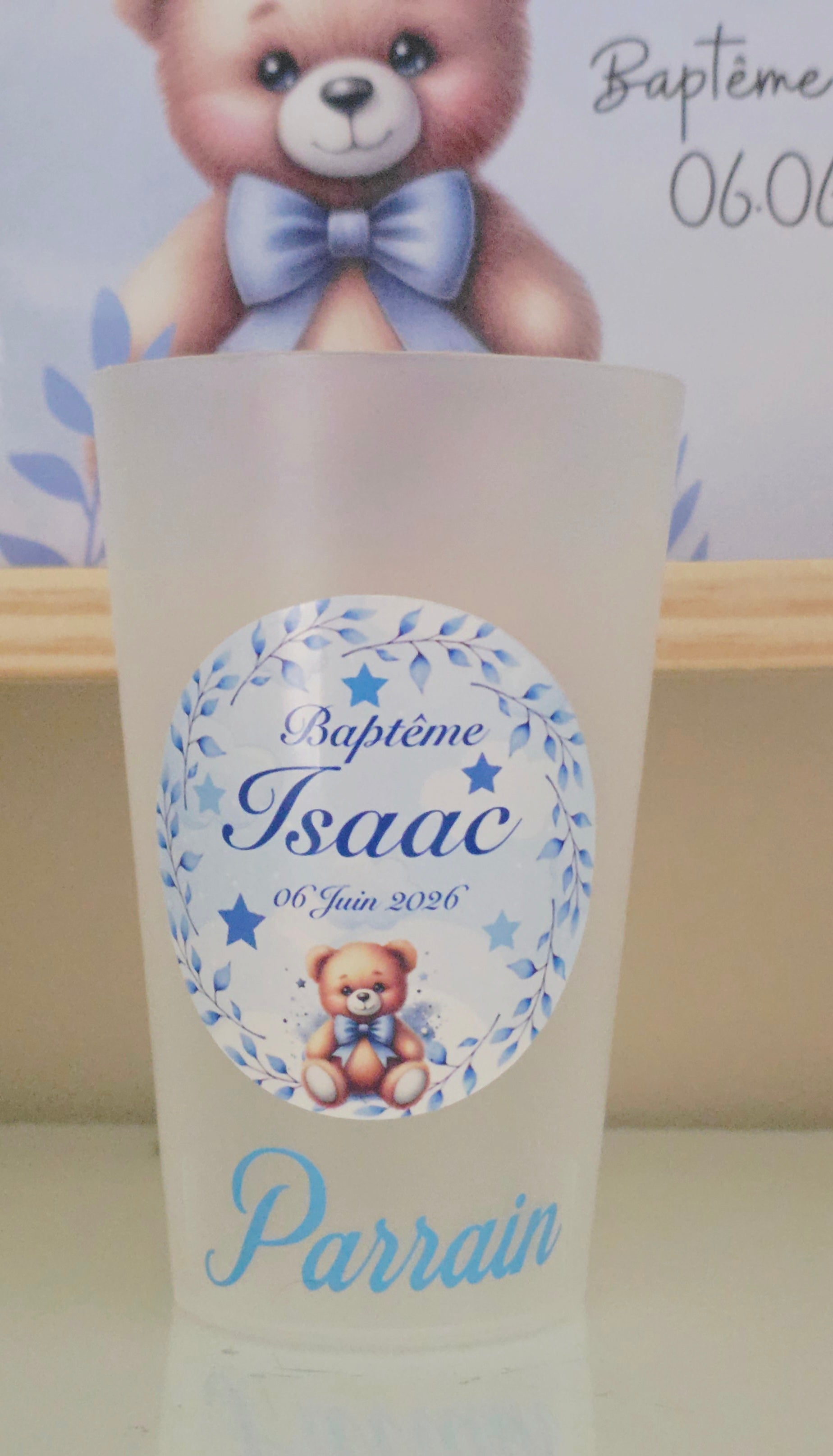 🧸 Gobelet réutilisable personnalisé baptême – Ourson bleu & parrain