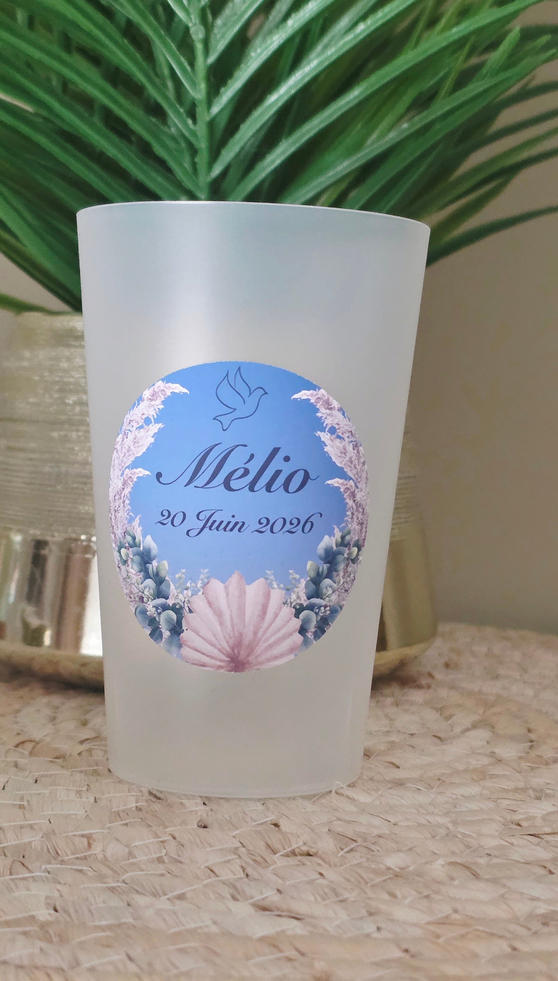 🕊️ Gobelet réutilisable personnalisé baptême – Bohème bleu & pampas