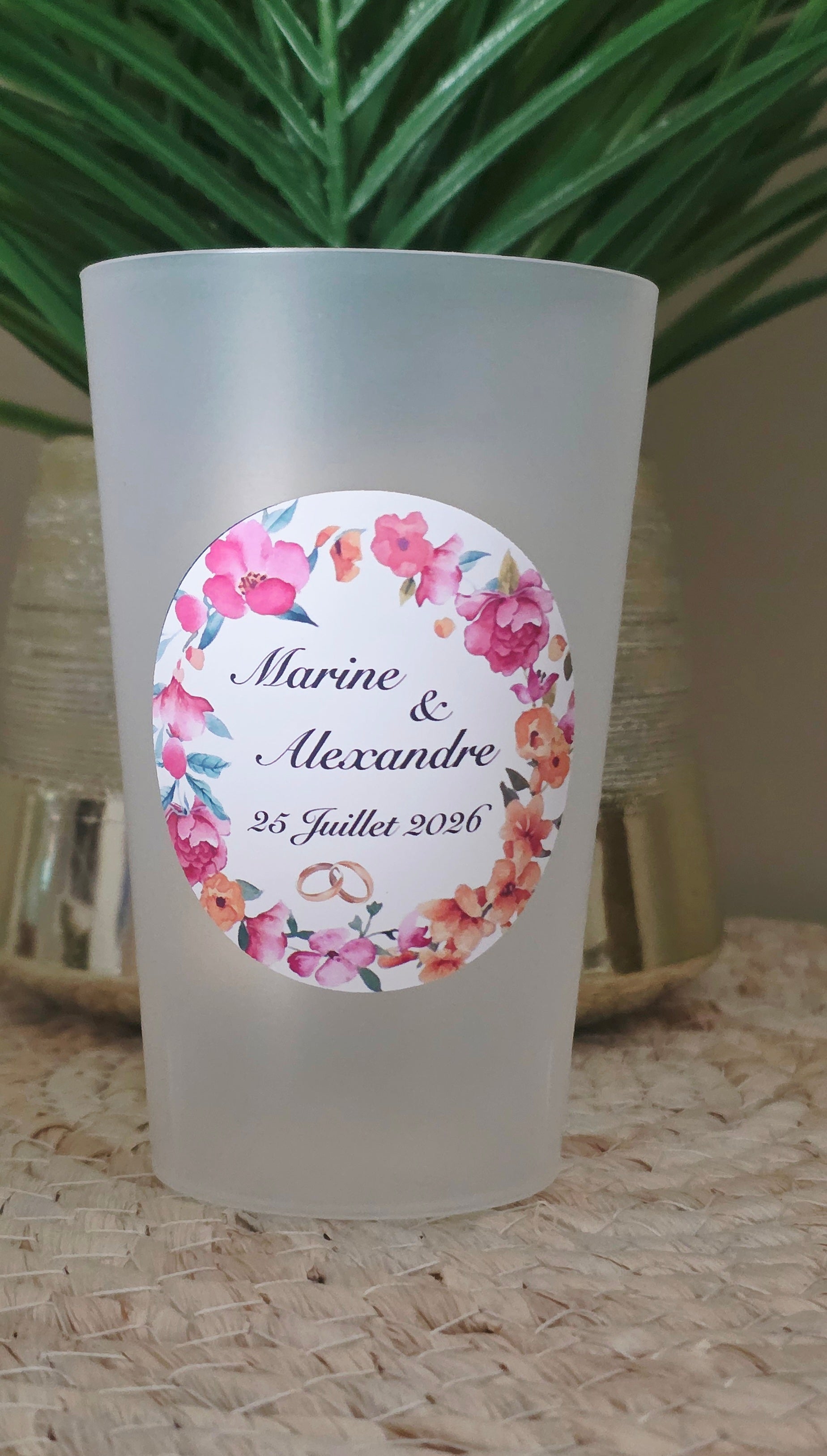 🌸 Gobelet réutilisable personnalisé mariage – Couronne florale romantique