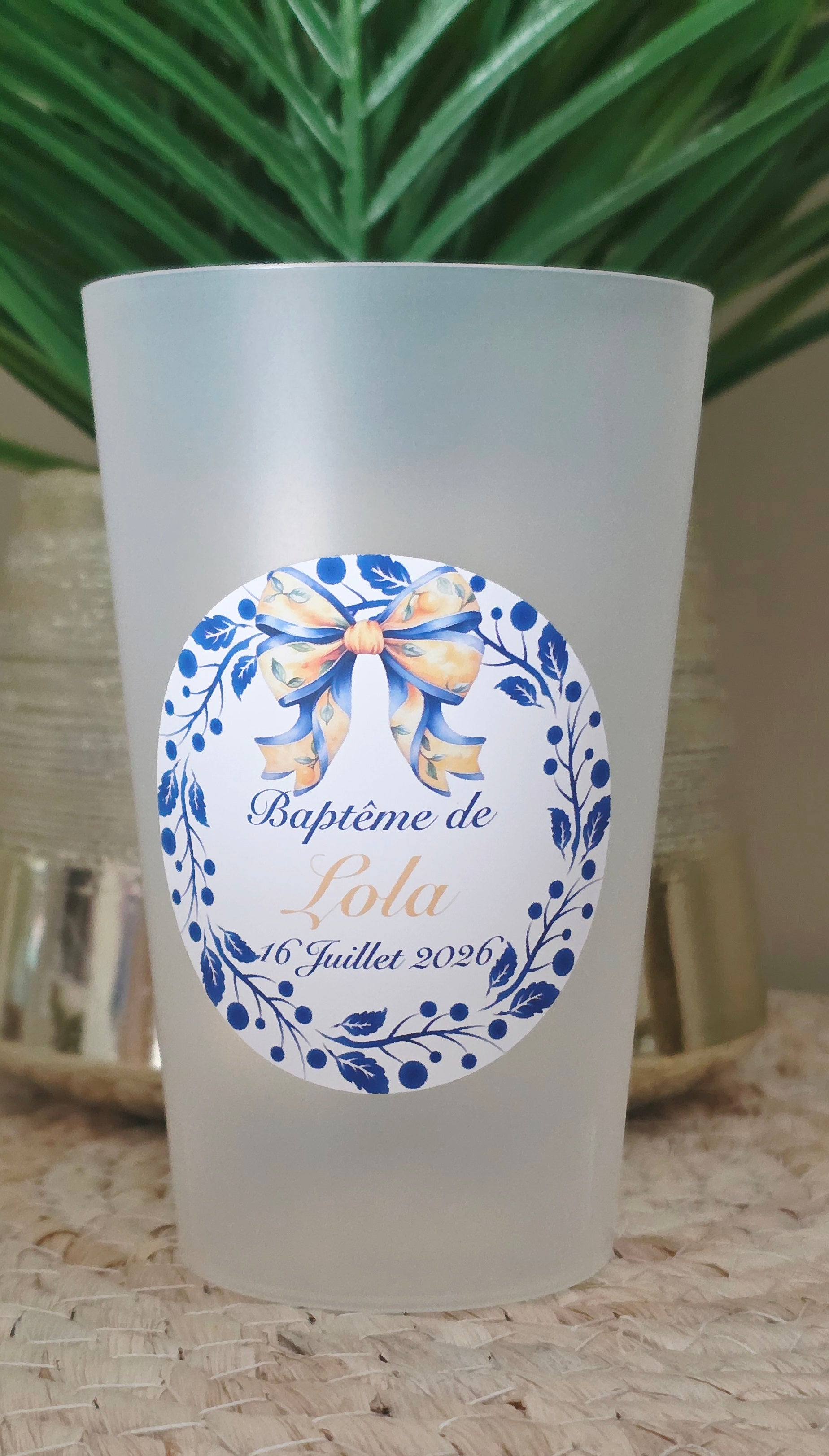 🌿💛 Gobelet baptême personnalisé – Couronne bleu & jaune Dolce Vita