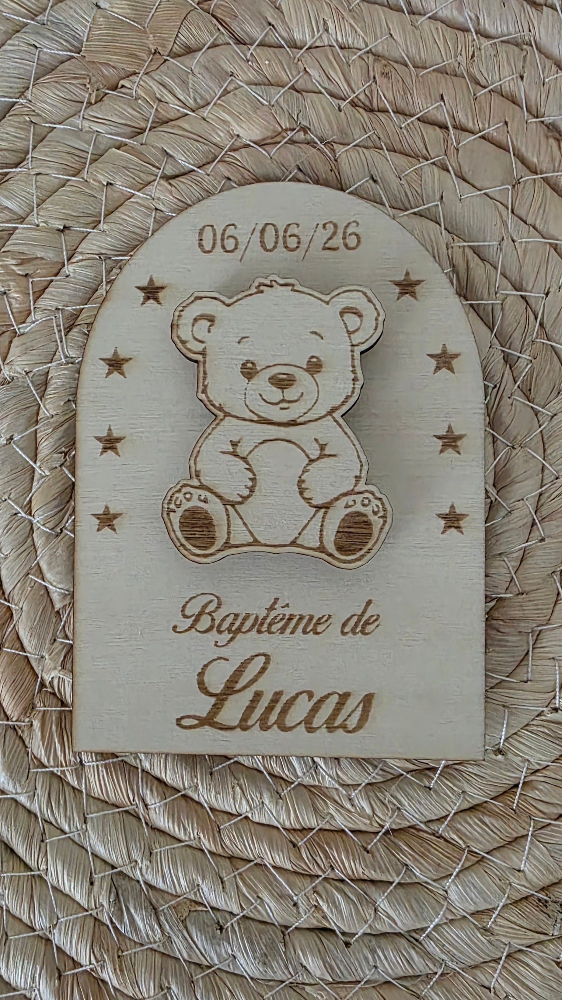 Magnet Baptême Ourson en Bois – Personnalisé