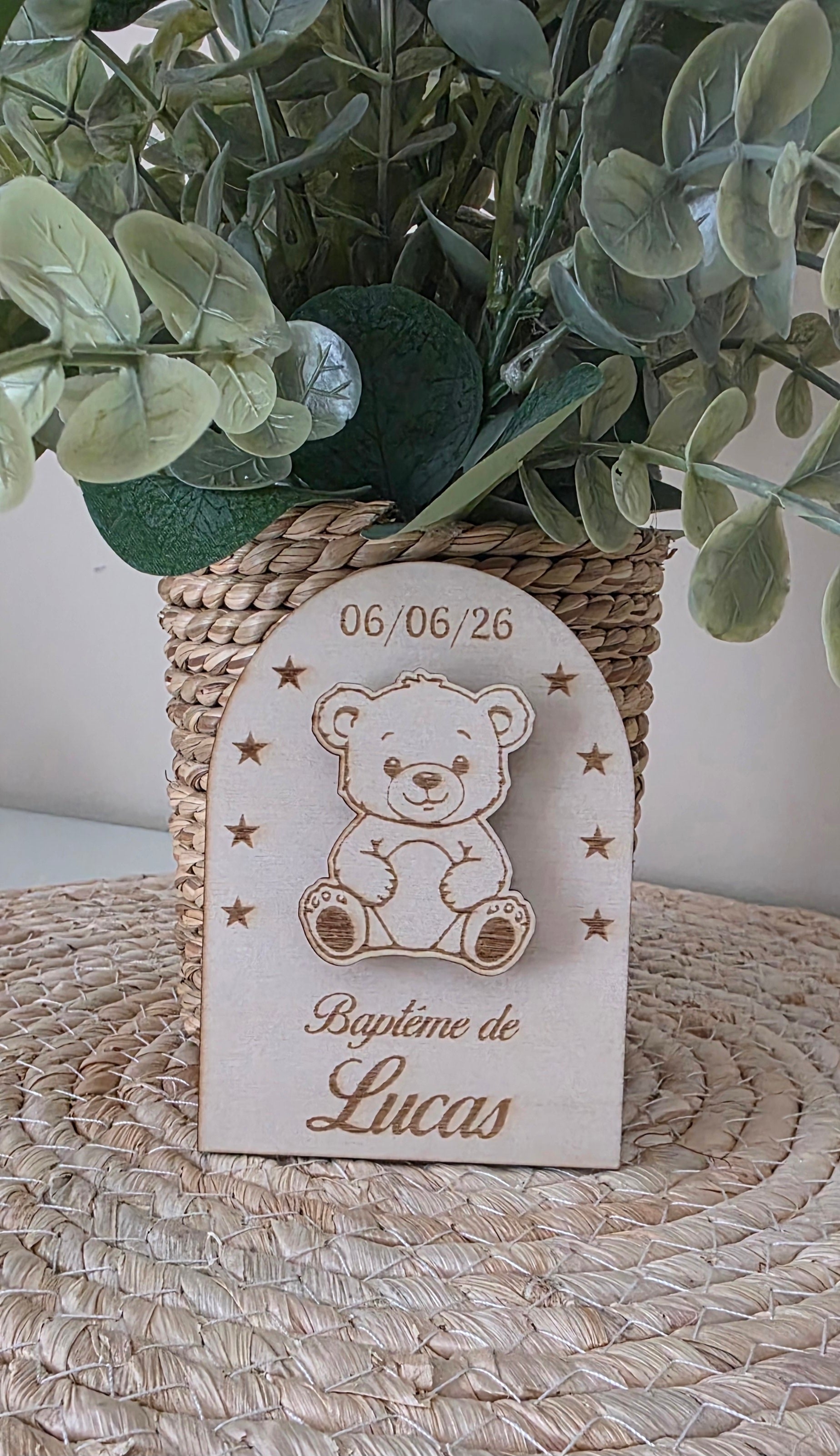 Magnet Baptême Ourson en Bois – Personnalisé