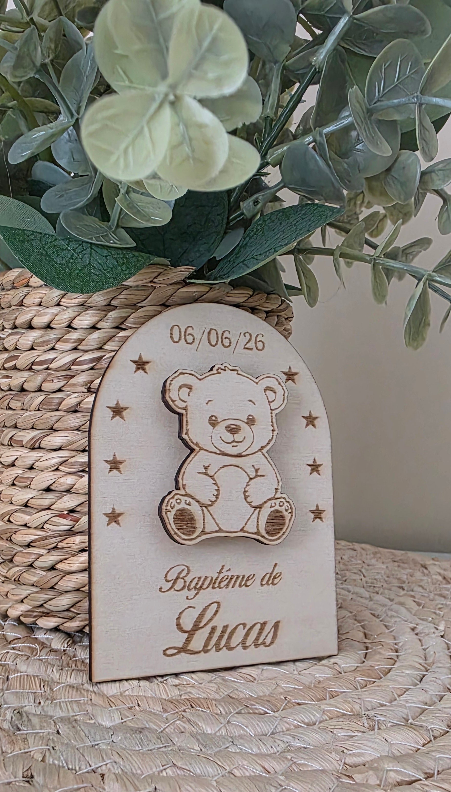 Magnet Baptême Ourson en Bois – Personnalisé
