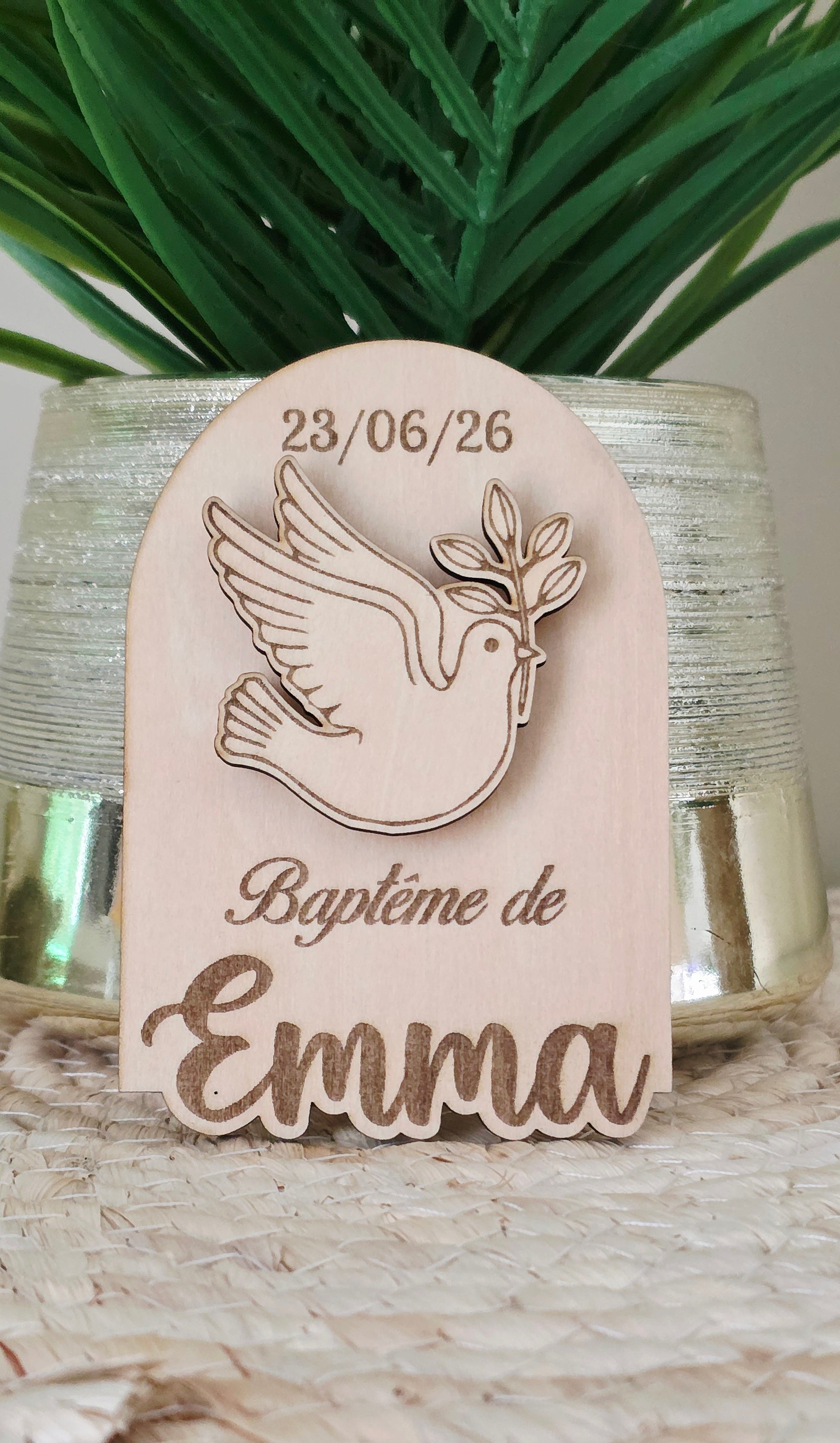 🧲 Magnet Baptême Colombe en Bois Personnalisé