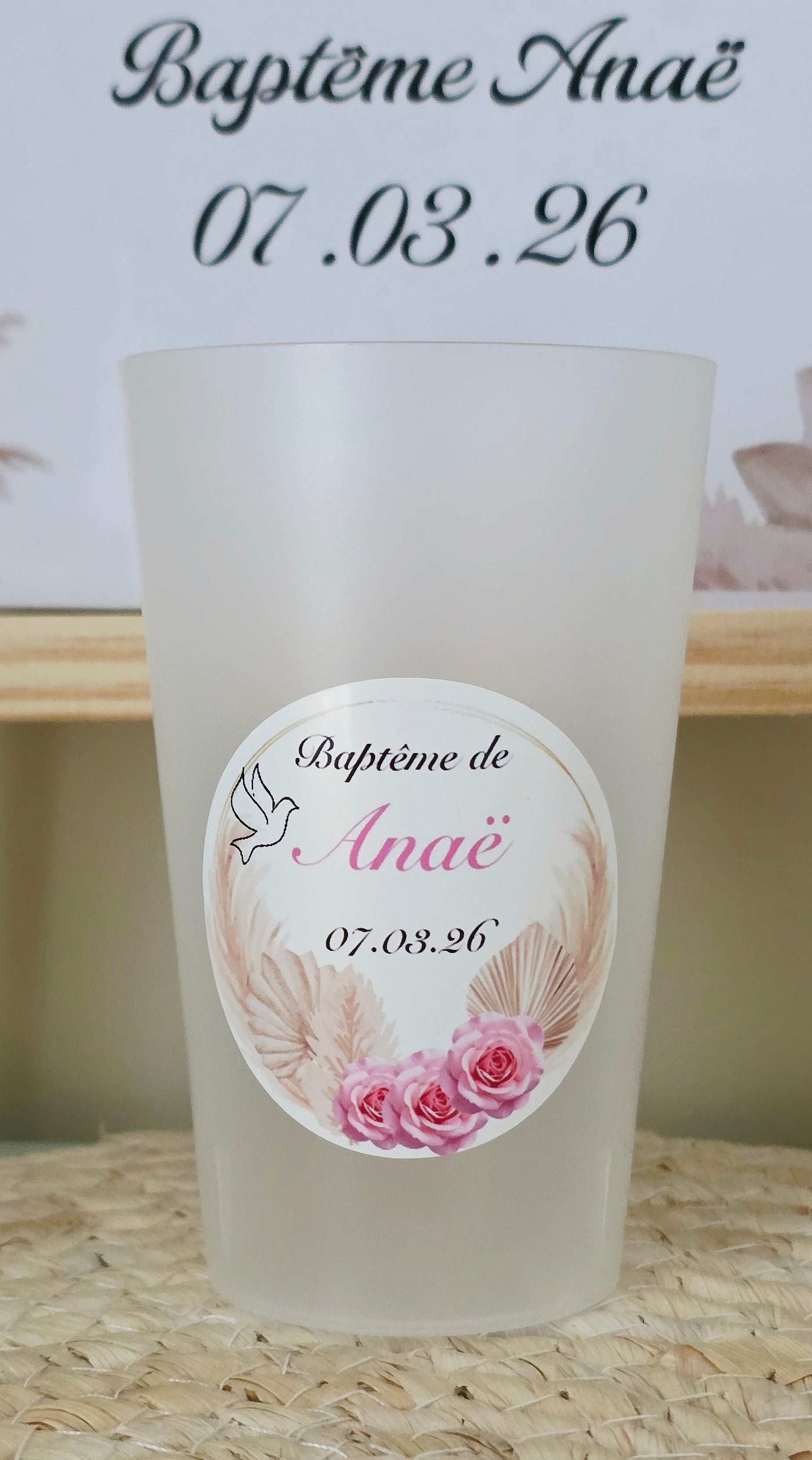 🌸🌾 Gobelet baptême personnalisé – Bohème rose & pampas