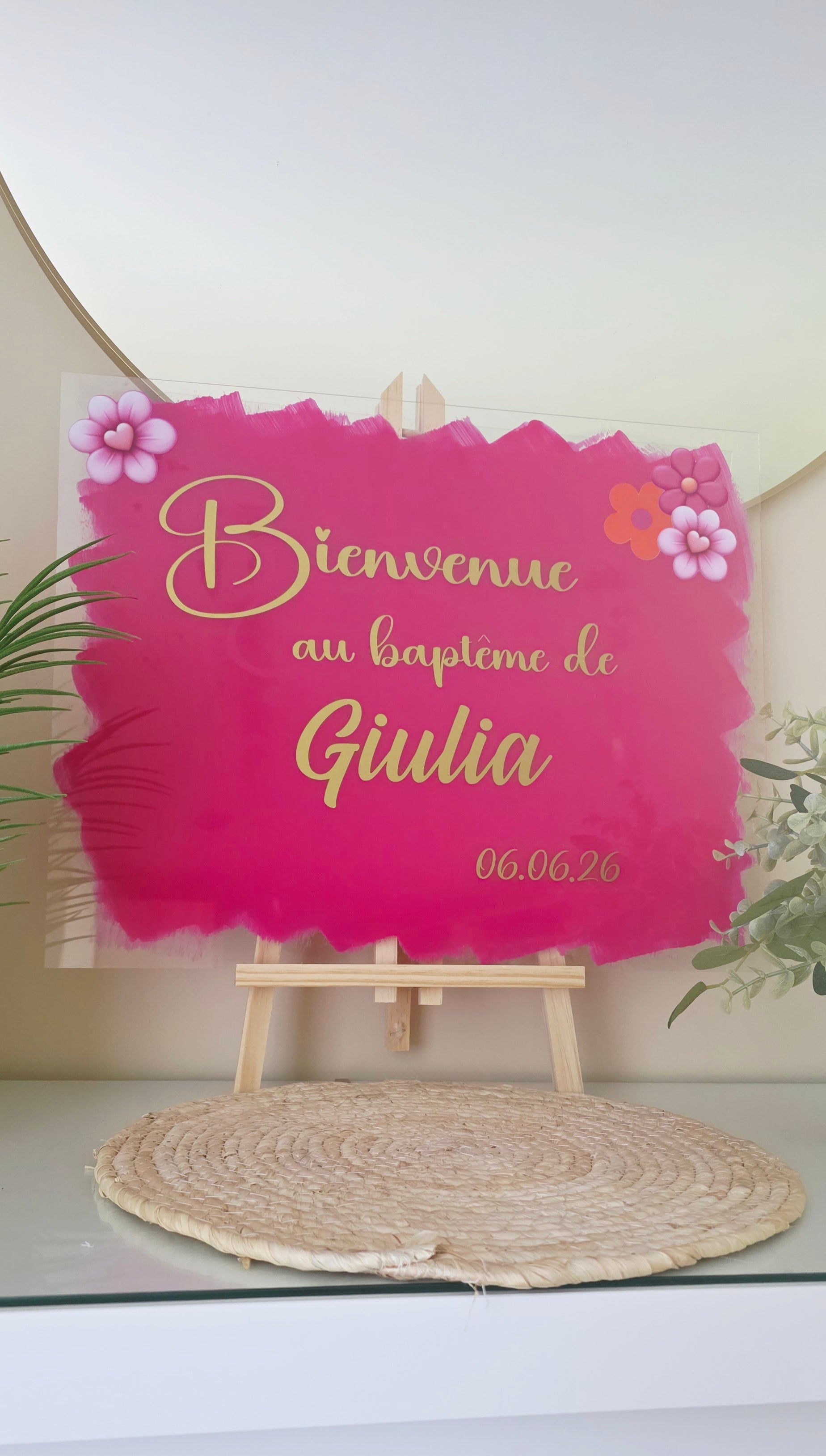🌸 Panneau de bienvenue baptême personnalisé – Plexiglass 50x40 cm 💕