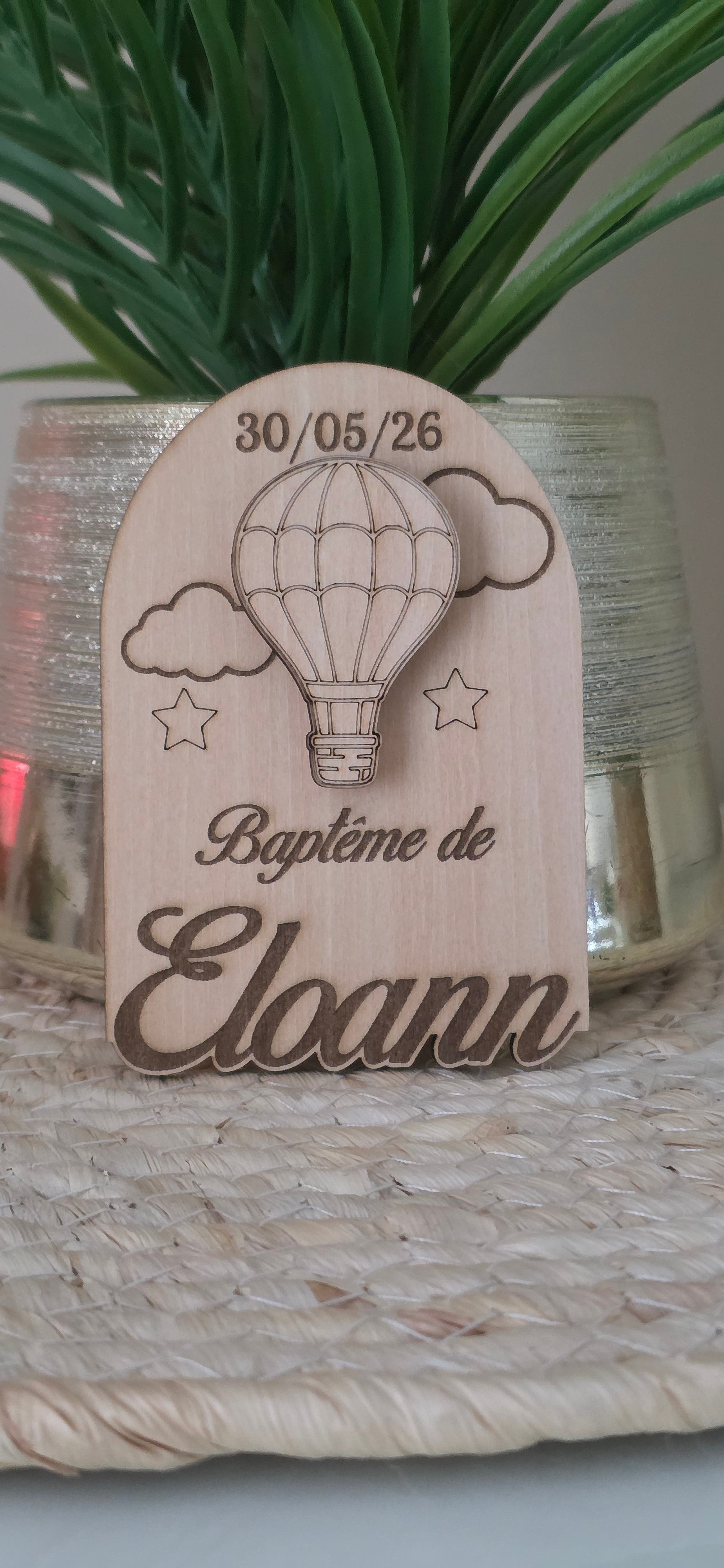 🧲 Magnet Baptême Montgolfière en Bois Personnalisé