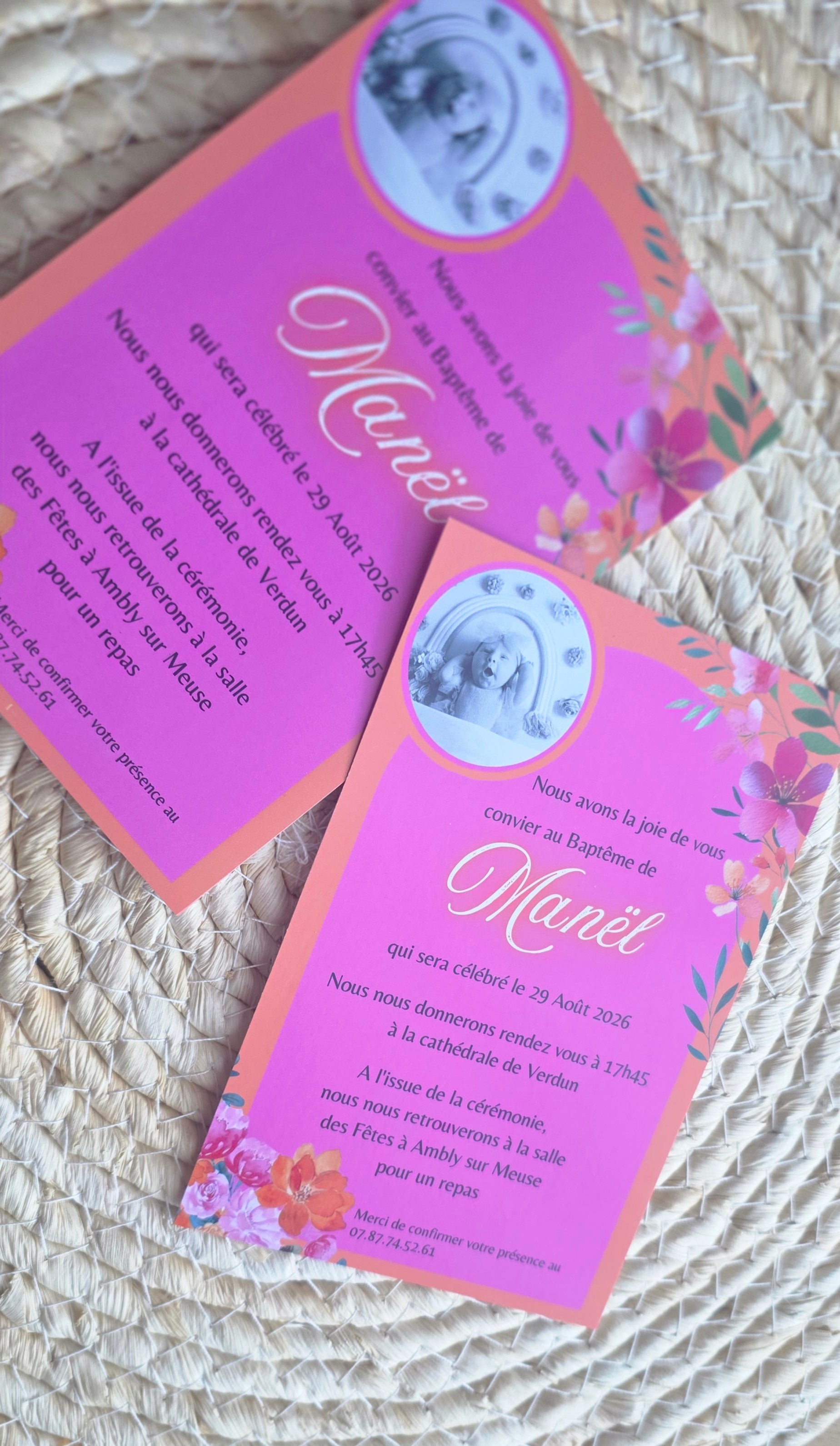 Faire-part de baptême floral rose personnalisé avec photo – Élégance et douceur