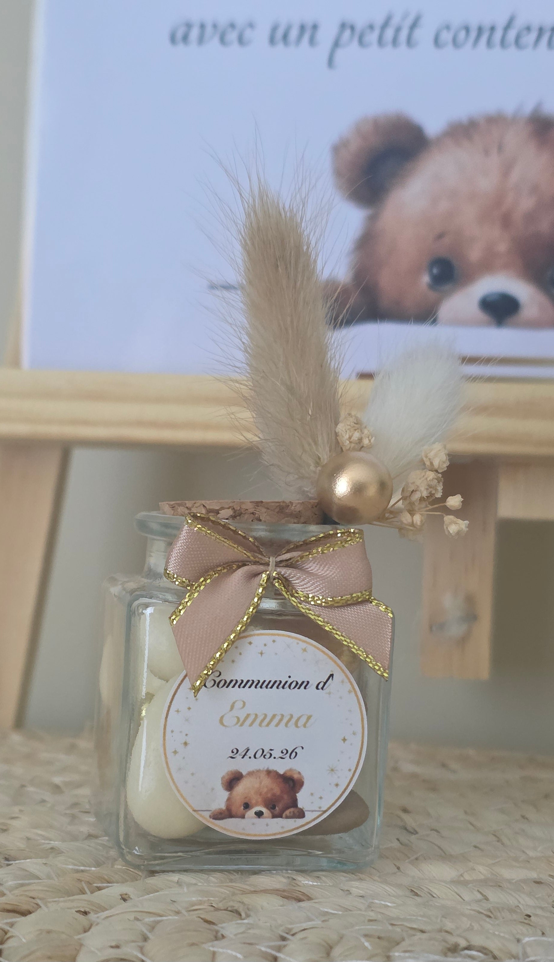 Contenant à dragées ourson – Petit pot en verre personnalisé