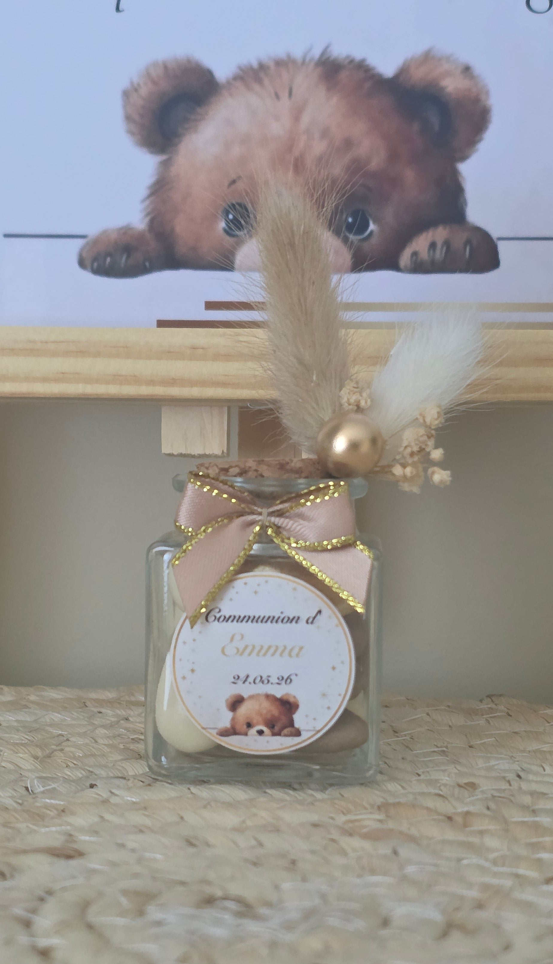 Contenant à dragées ourson – Petit pot en verre personnalisé
