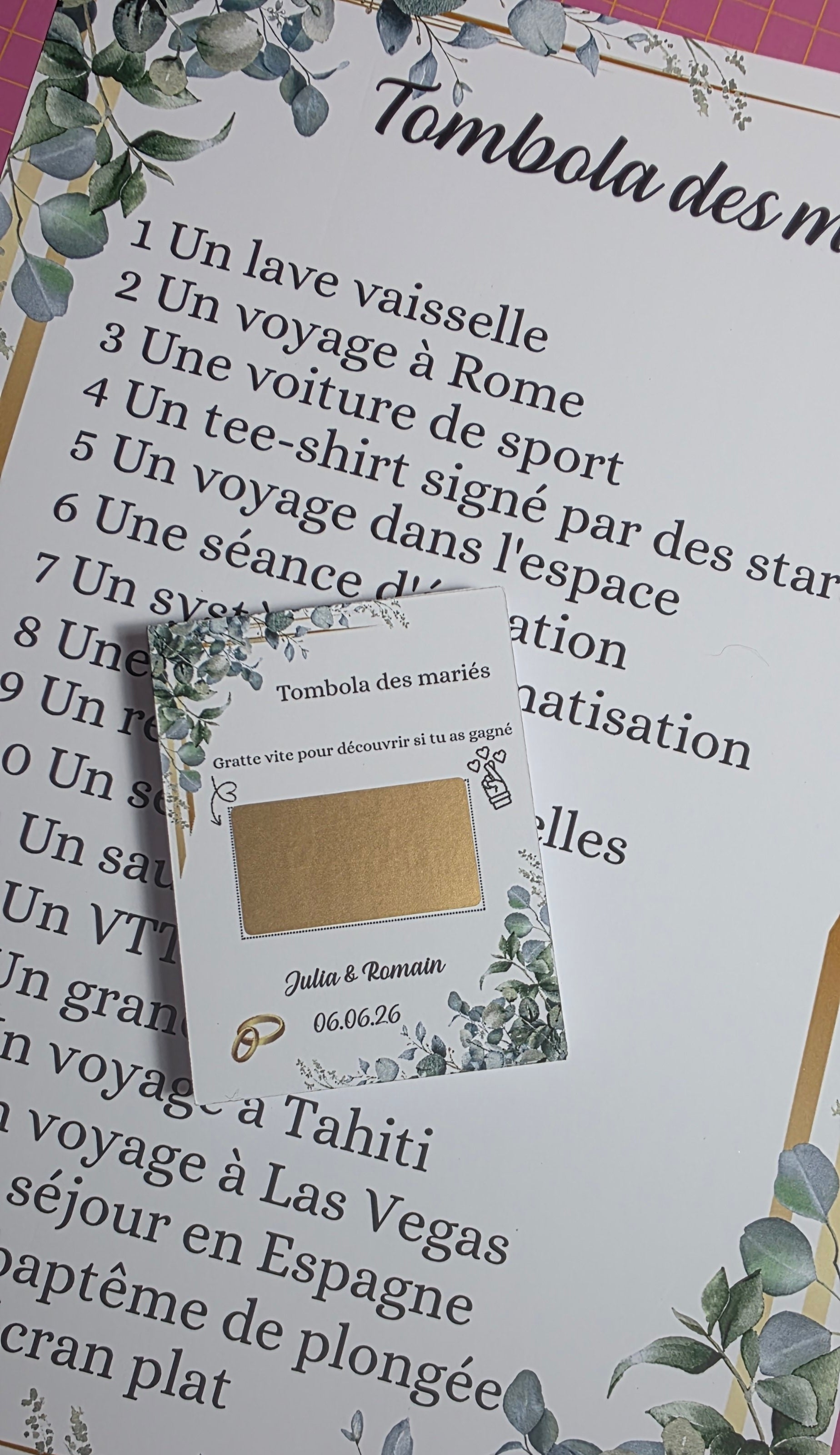 Jeu tombola des mariés à gratter – Animation mariage avec tickets personnalisés
