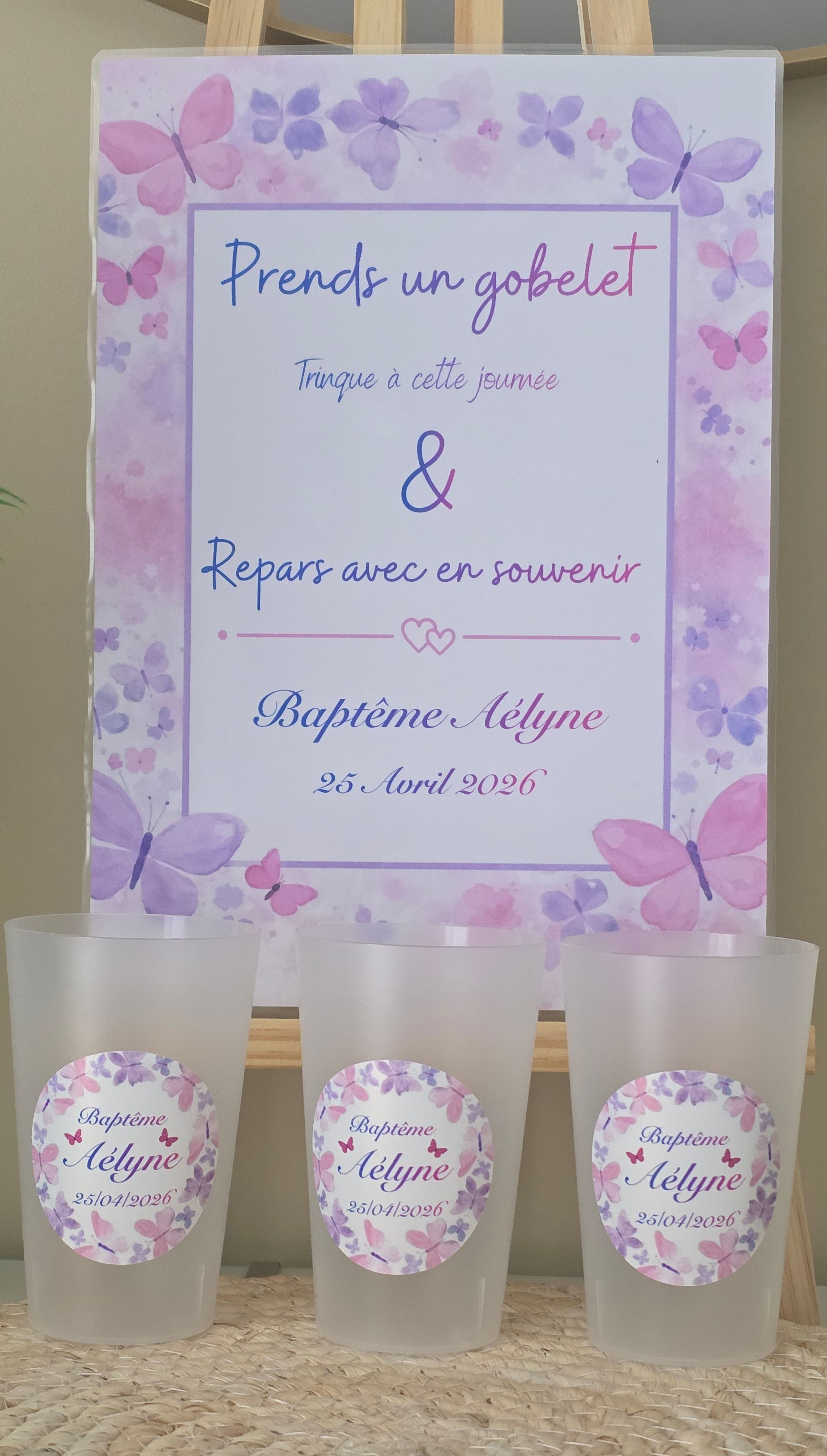 🦋 Gobelet baptême personnalisé – Papillons pastel rose & lilas