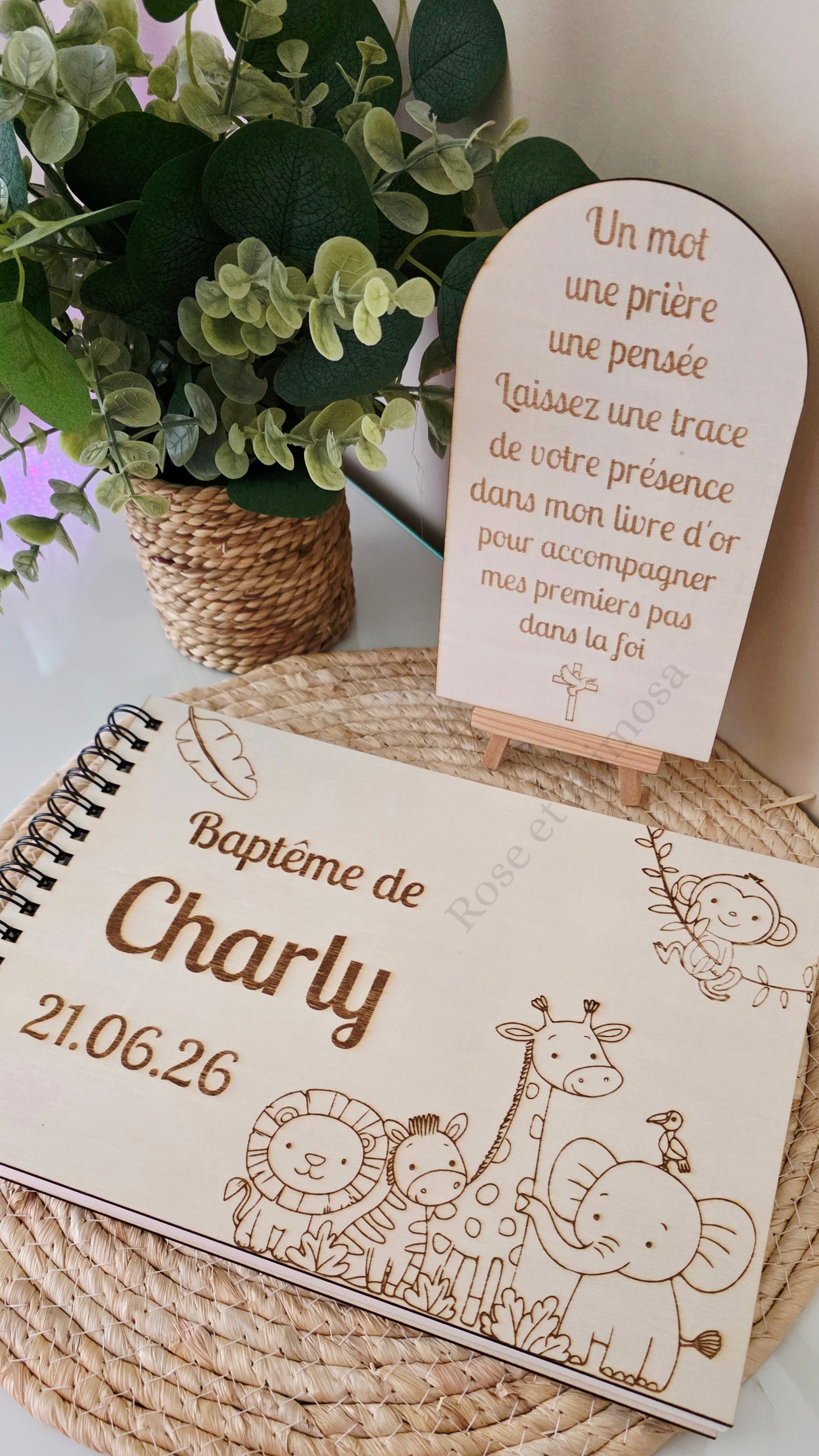 Livre d’or baptême personnalisé animaux savane – Livre d’or baptême bois A4