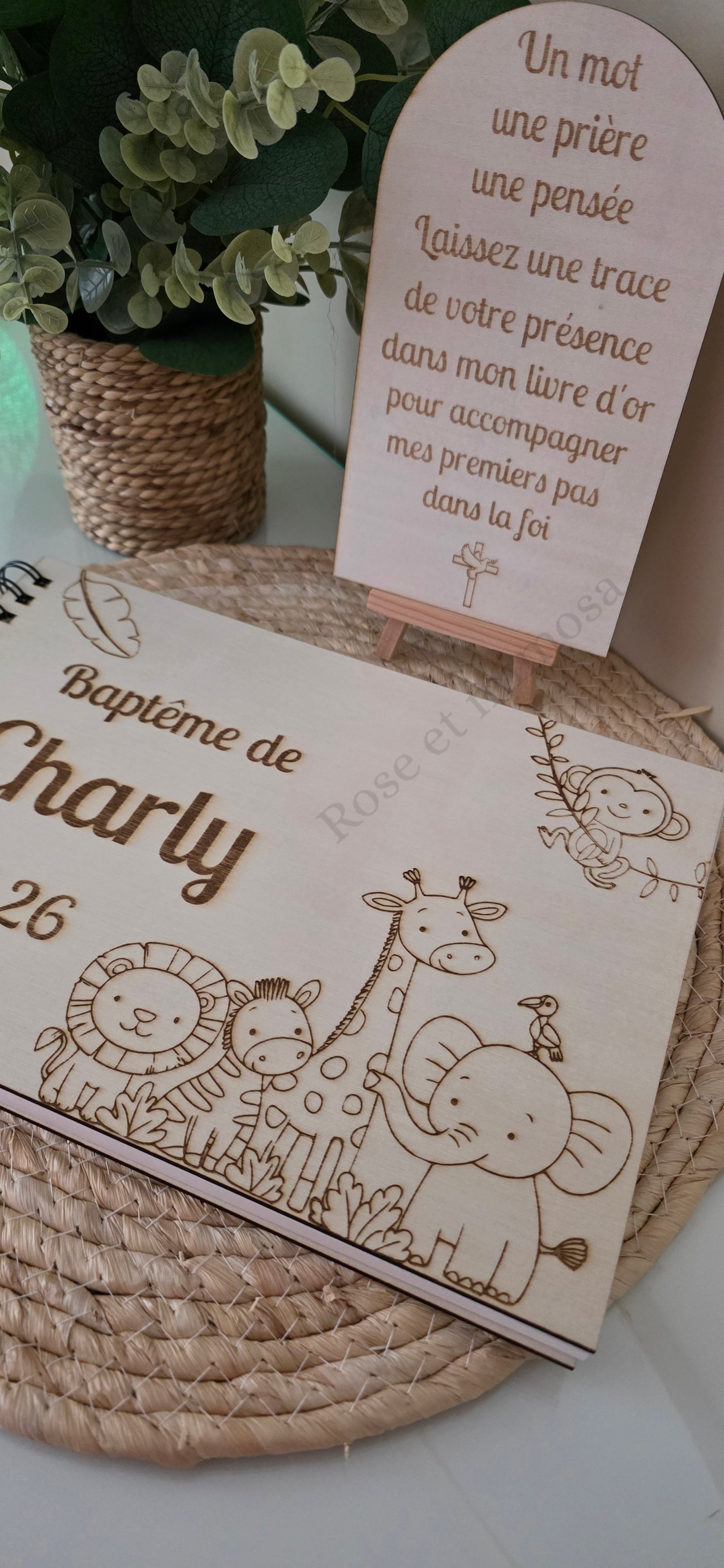 Livre d’or baptême personnalisé animaux savane – Livre d’or baptême bois A4