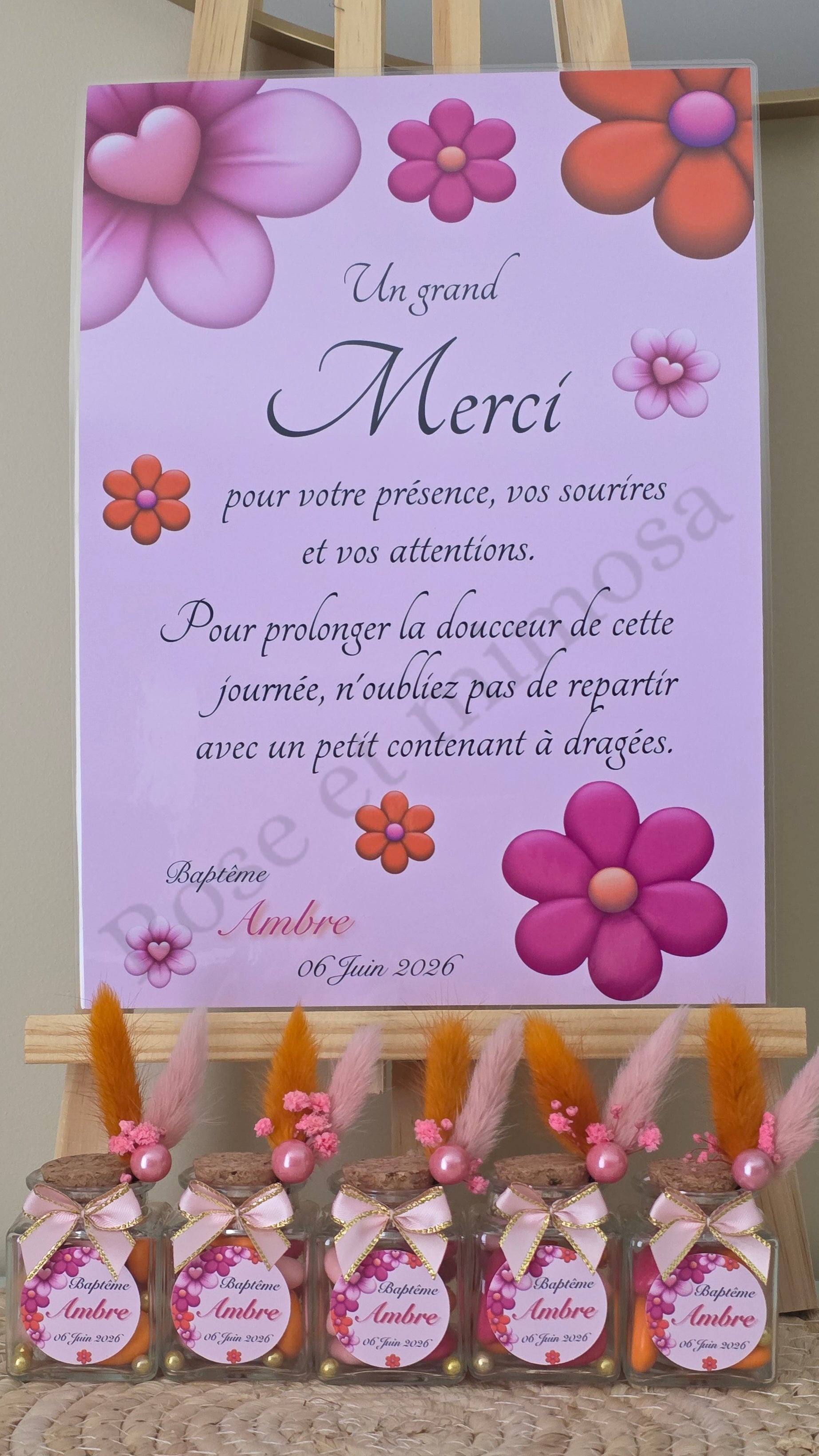 Contenant à dragées fleurs colorées – Petit pot en verre personnalisé rose et orange