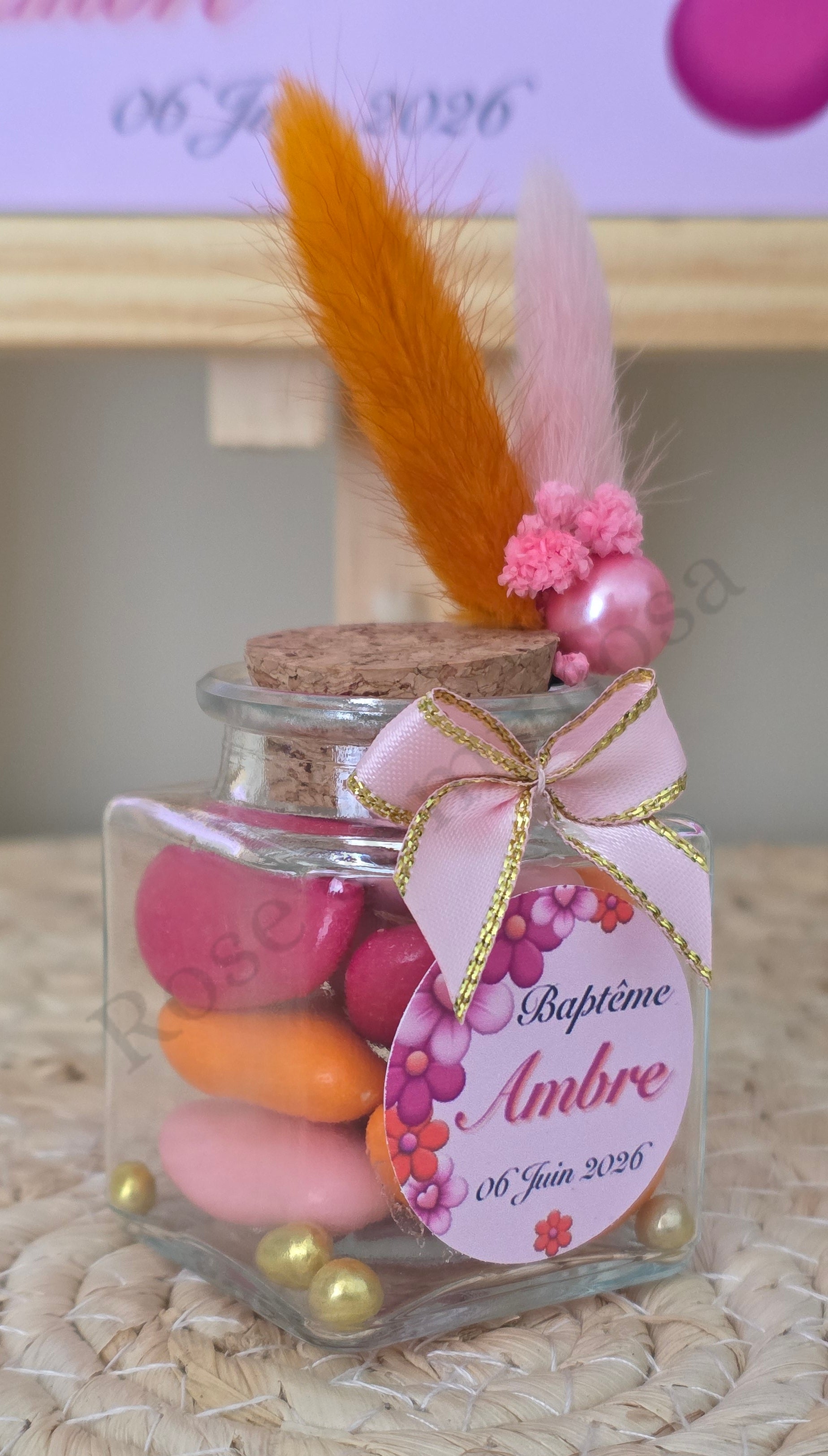 Contenant à dragées fleurs colorées – Petit pot en verre personnalisé rose et orange