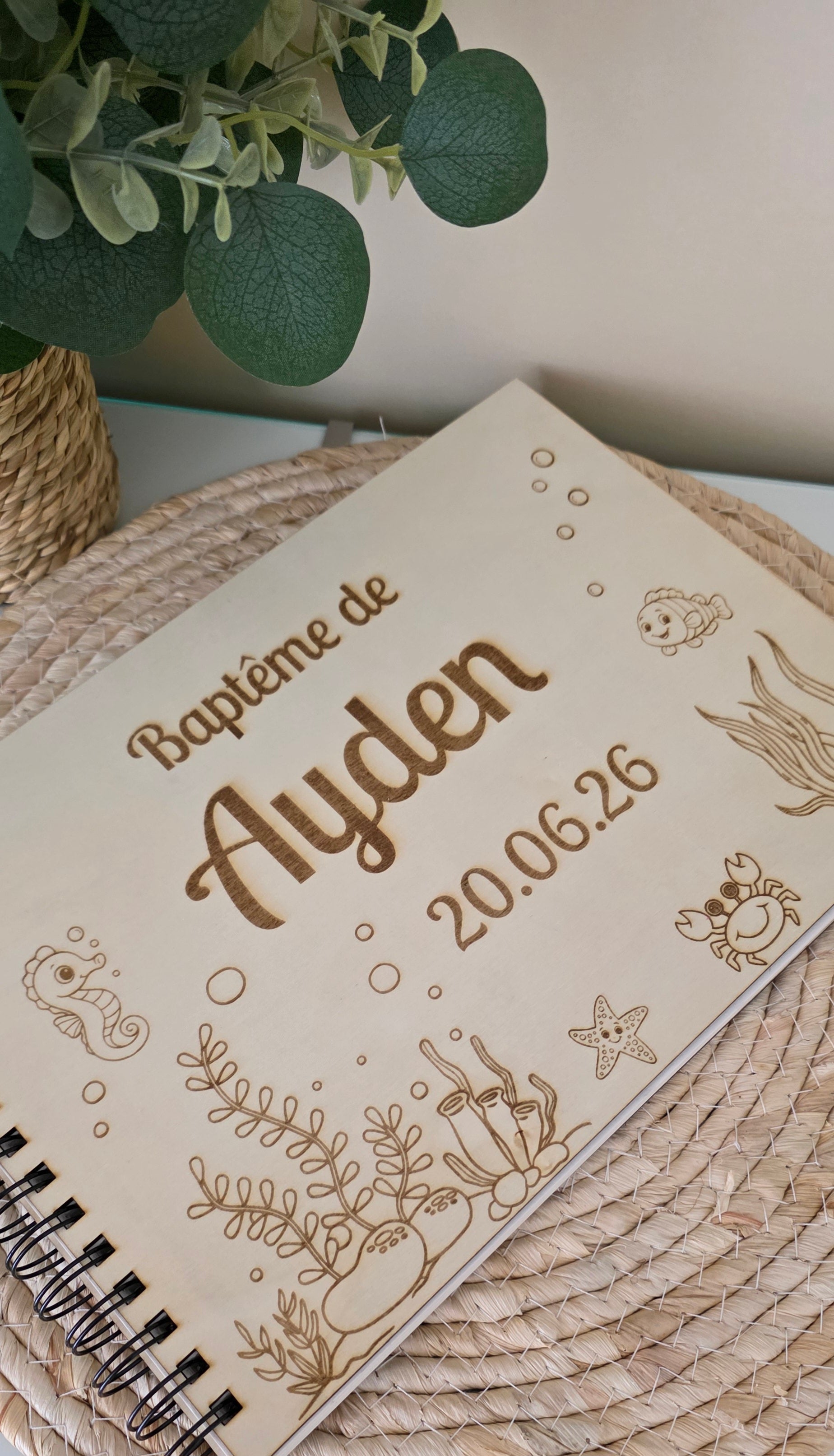 Livre d’or baptême personnalisé thème océan – Livre d’or baptême bois A4 marin