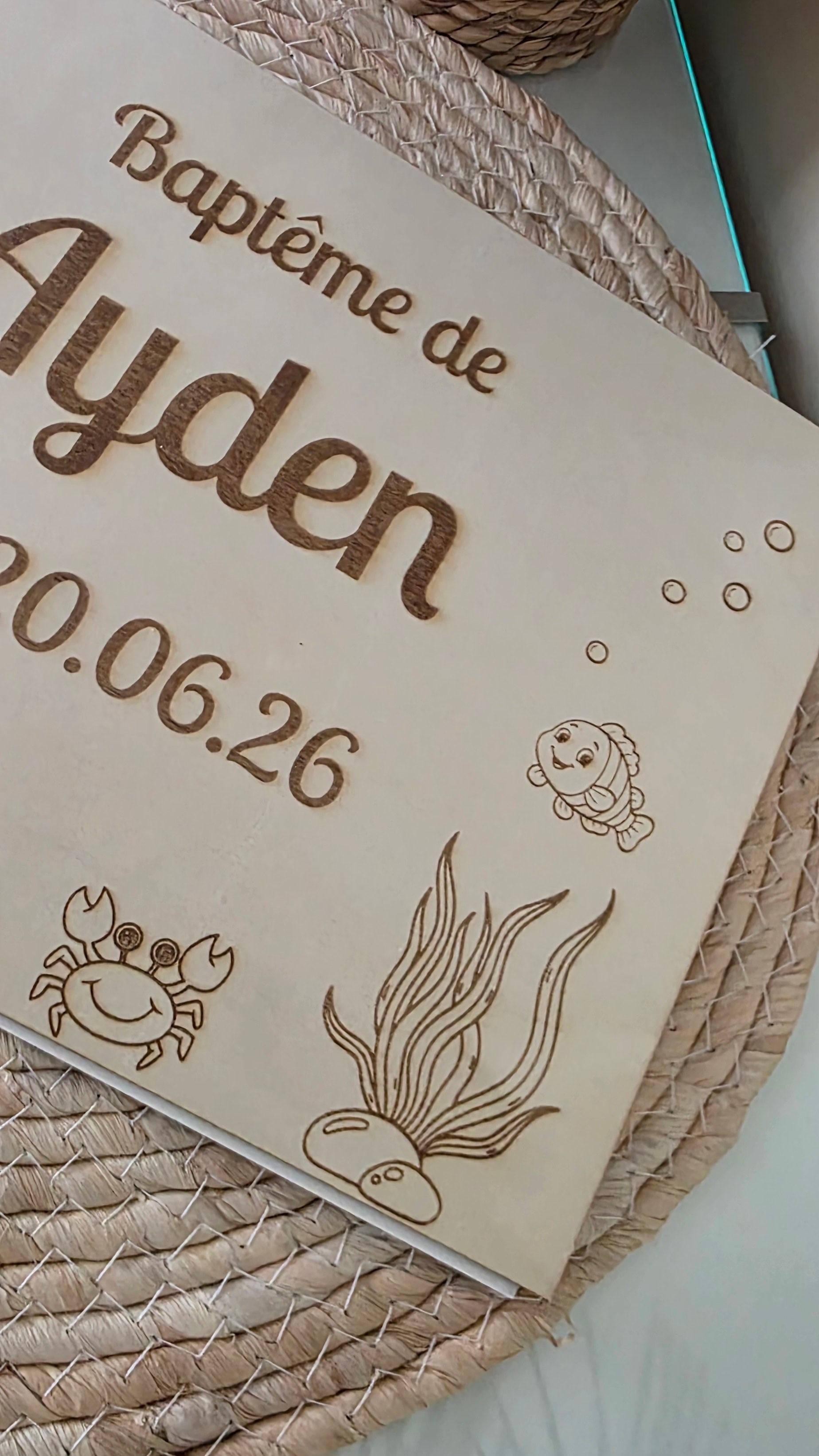 Livre d’or baptême personnalisé thème océan – Livre d’or baptême bois A4 marin