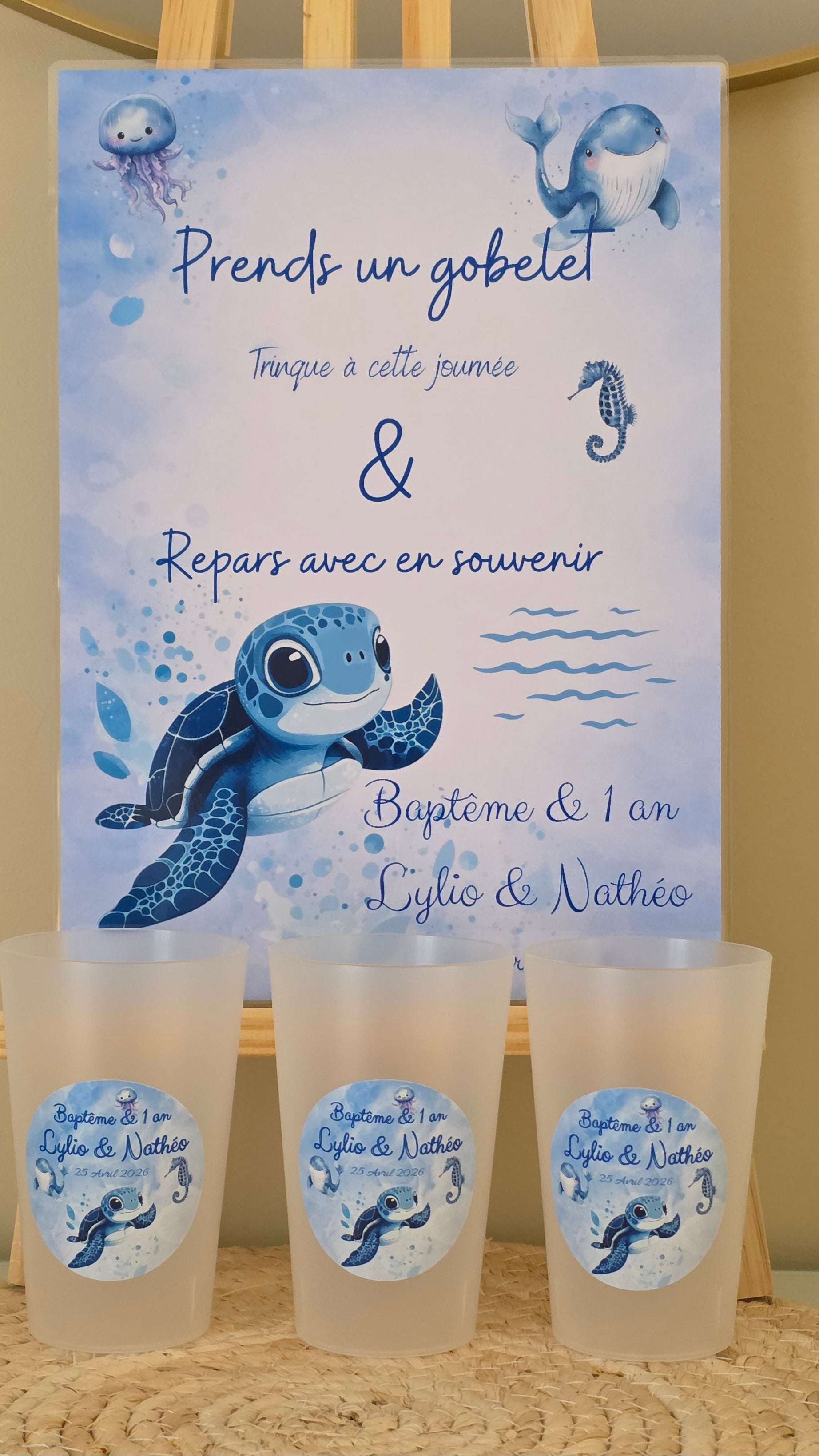 Gobelet Baptême Personnalisé – Thème Océan & Tortue (25 cl)