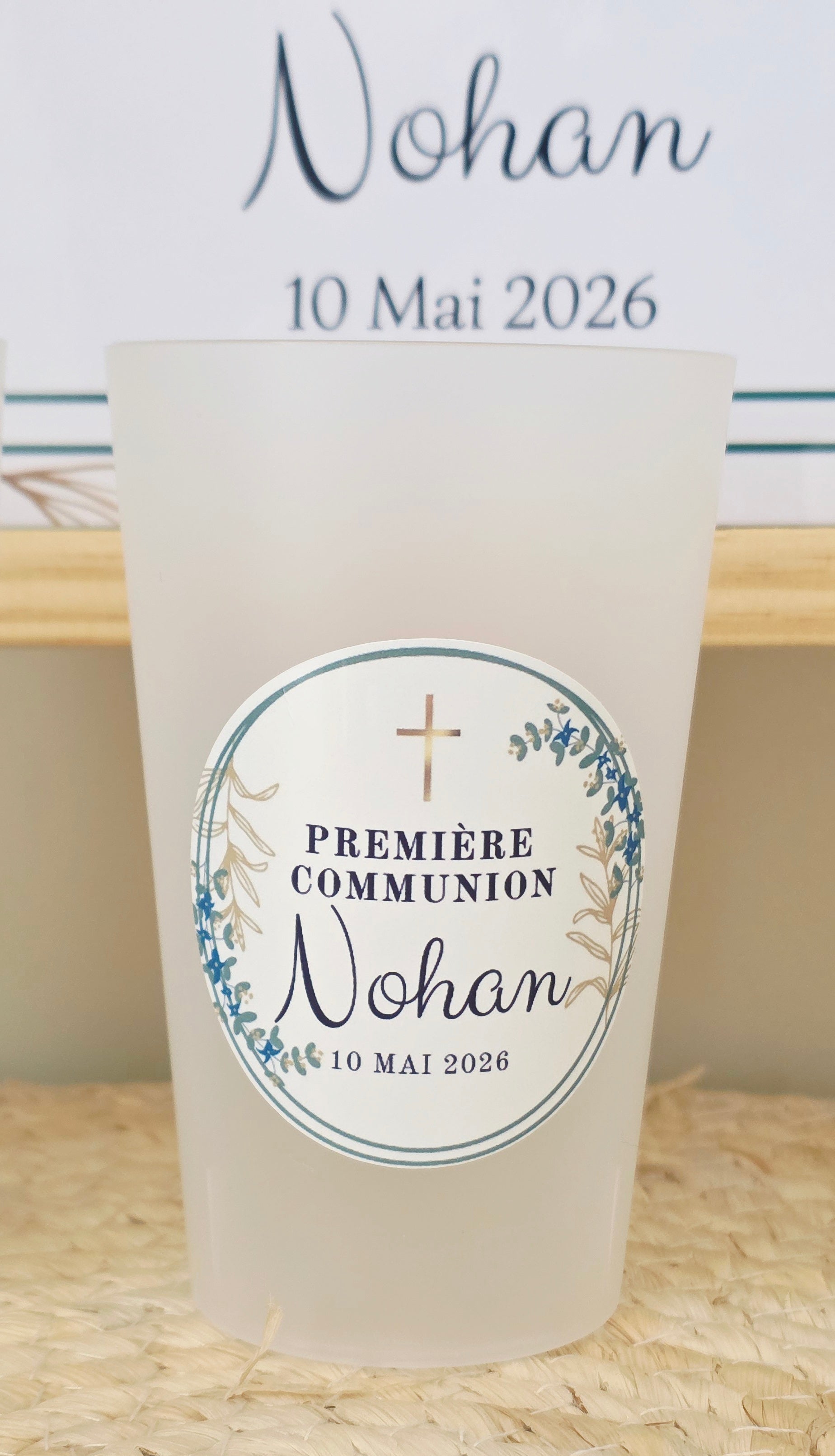 Gobelet personnalisé première communion bleu et or – Gobelet souvenir communion