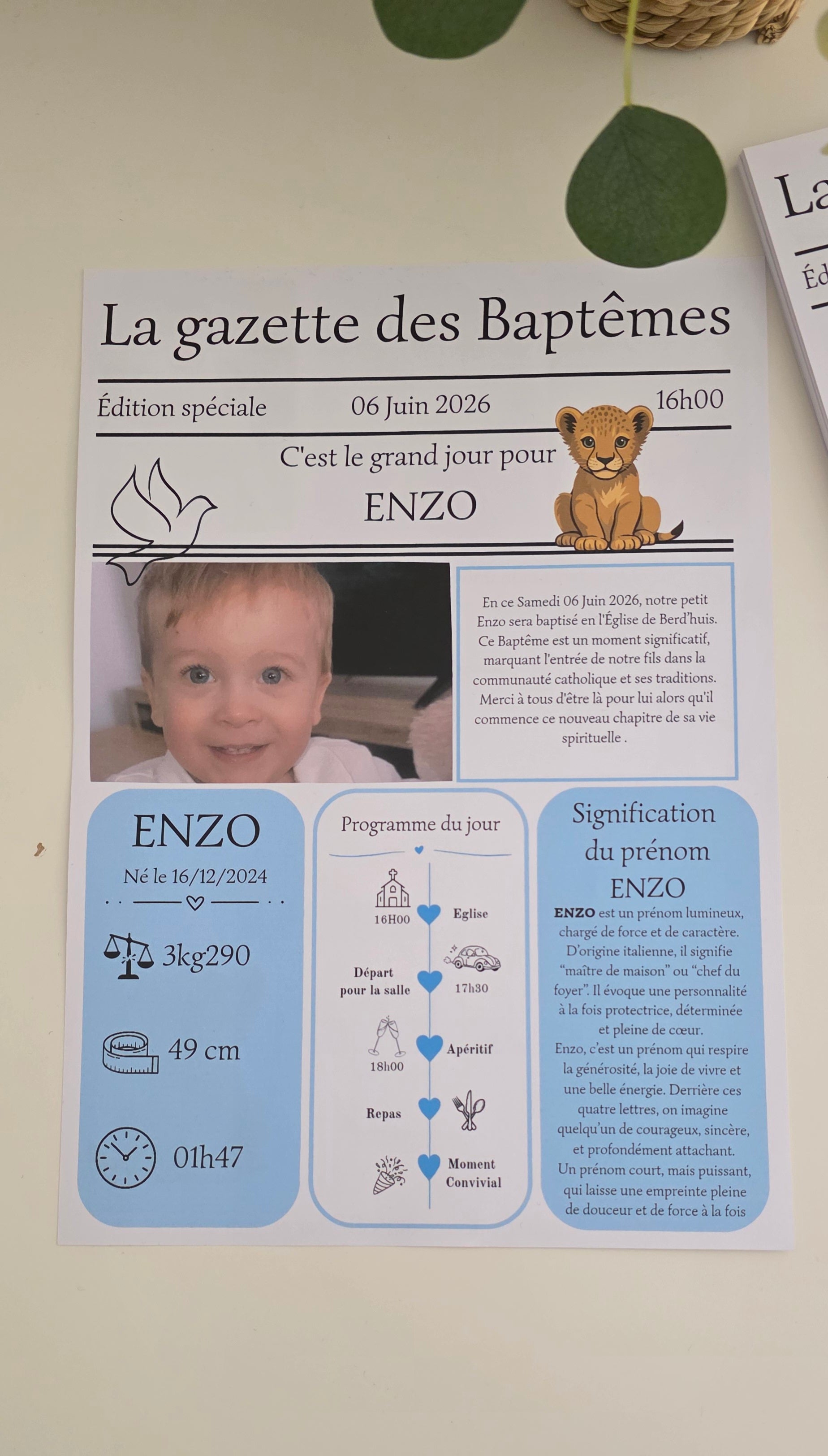 🦁 Gazette de Baptême Personnalisée Lionceau Bleu – Affiche Baptême avec Photo & Jeux